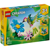 LEGO Creator 3 az 1-ben: Színes kolibri 31384 doboza, kolibrivel és virágos jelenettel.