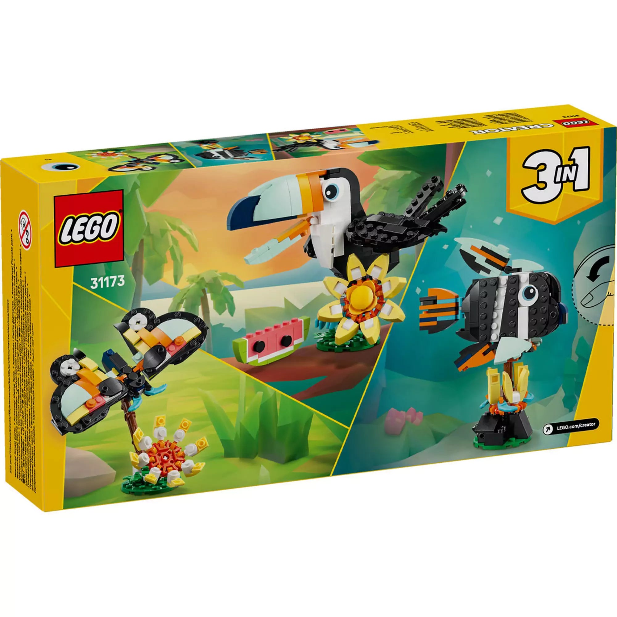 A LEGO Creator: Vadállatok – Trópusi tukán (31173) készlet hátoldala, a háromféle megépíthető modell – tukán, pillangó, hal – bemutatásával.