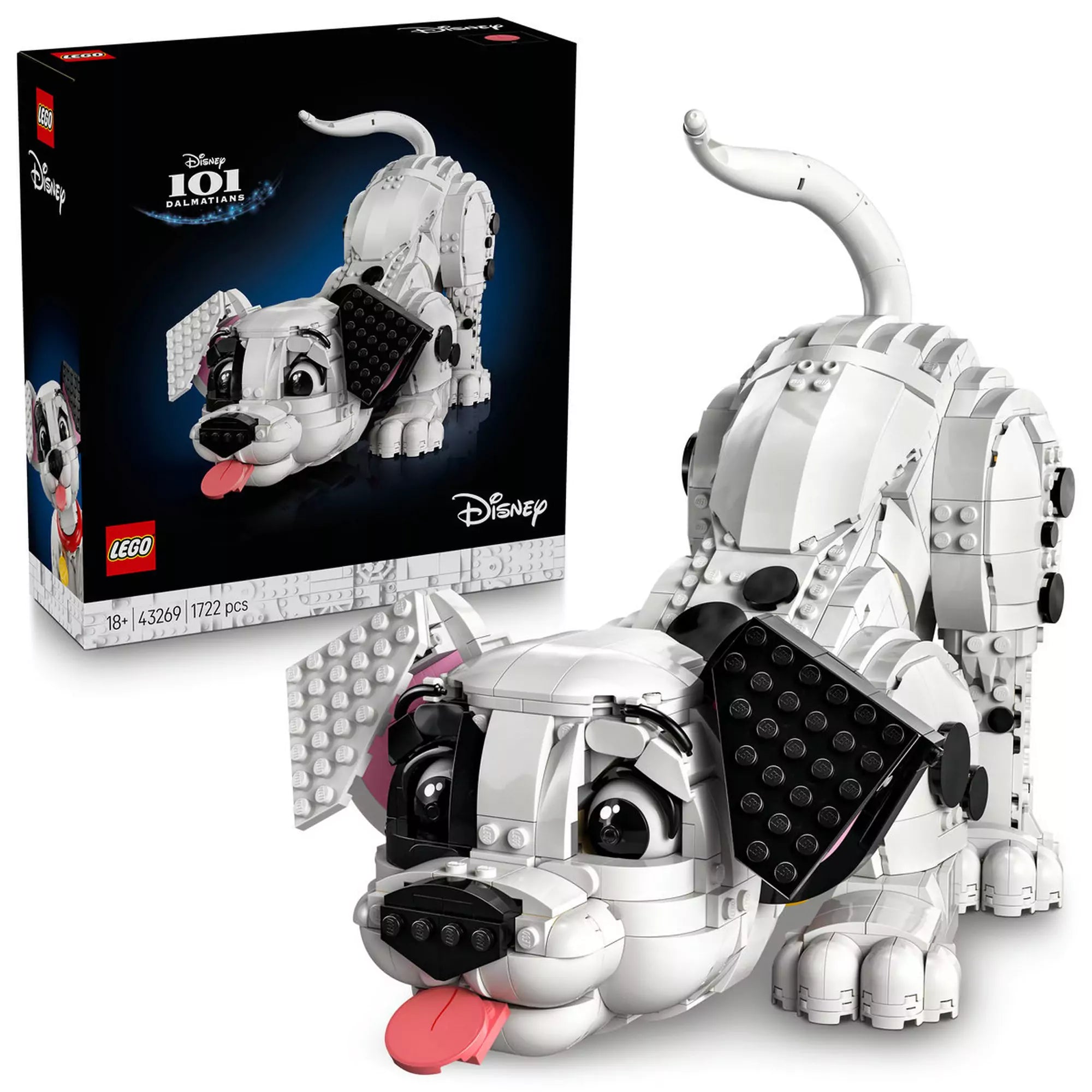 LEGO Disney 43269 Százegy kiskutya szett modellje és a hozzá tartozó doboz együtt, játékos testhelyzetben.