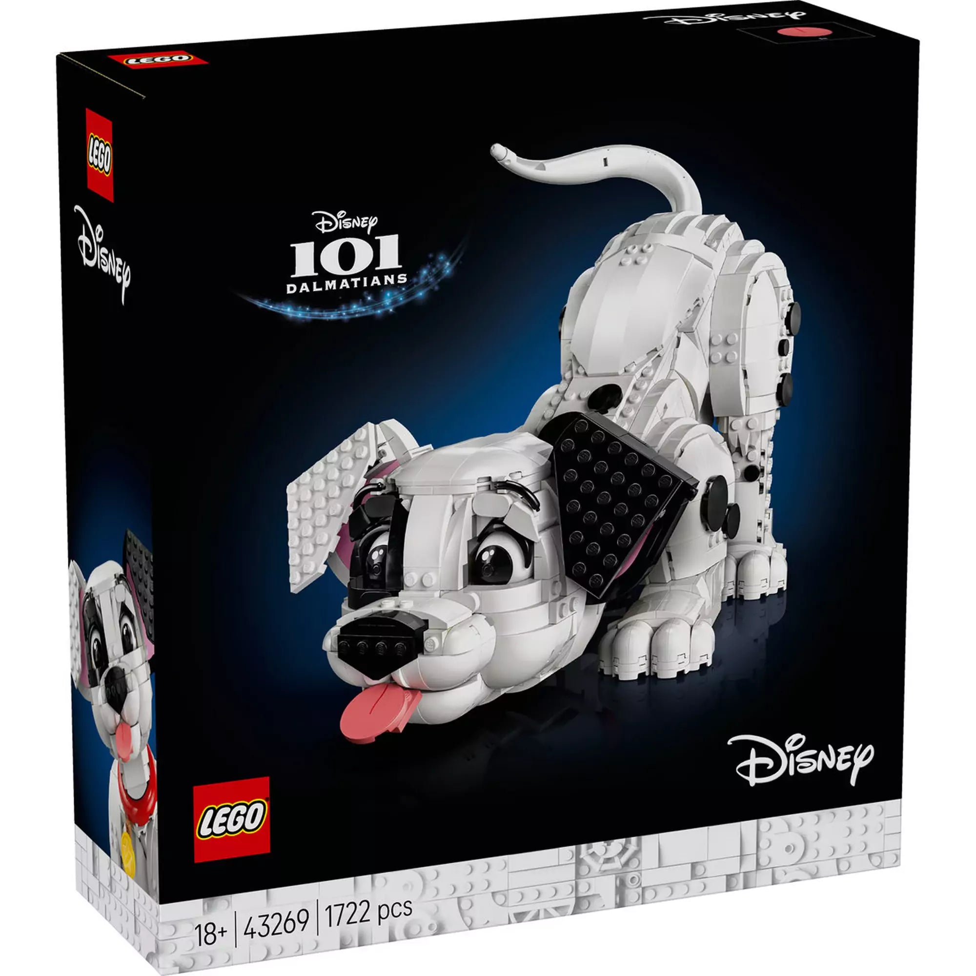 LEGO Disney 43269 Százegy kiskutya szett doboza elölnézetből, a játékos pózban lévő dalmata kiskutya látható a borítón.