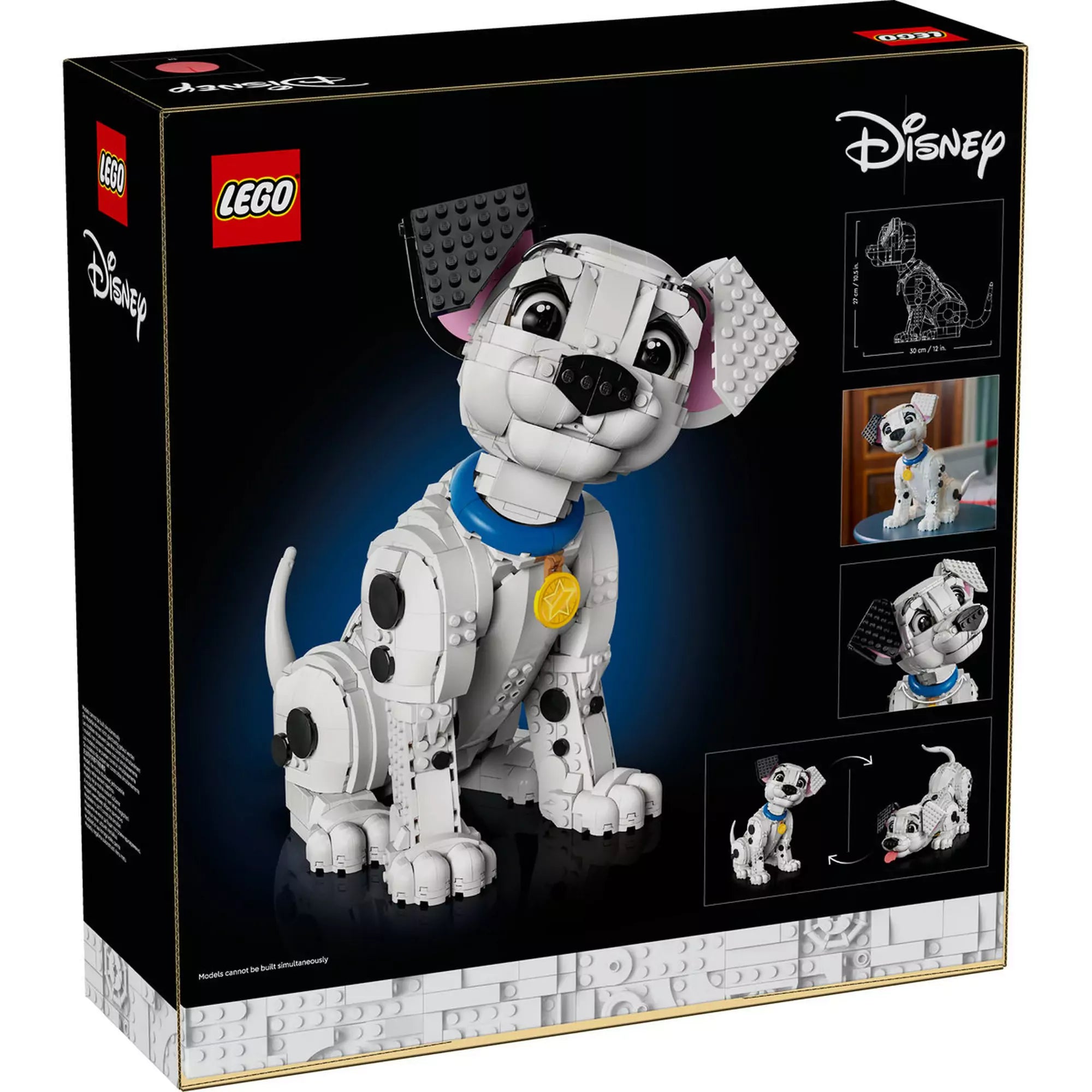 LEGO Disney 43269 Százegy kiskutya szett hátoldali dobozképe, ülő pozícióban ábrázolt dalmata figurával és a modell méreteivel.