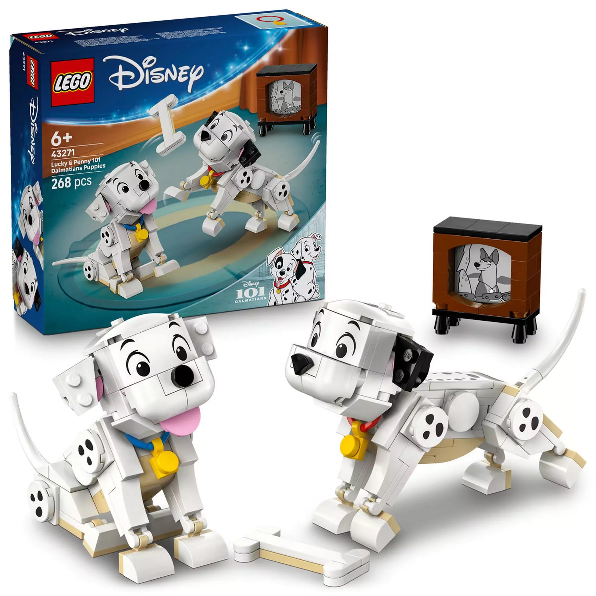 LEGO Disney Lucky és Penny kiskutyák (43271) készlet tartalma: a két kiskutya, a televízió és a csont a doboz előtt elhelyezve.