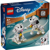 LEGO Disney Lucky és Penny kiskutyák (43271) doboza, amelyen két dalmata kölyökkutya és egy régi televízió látható.