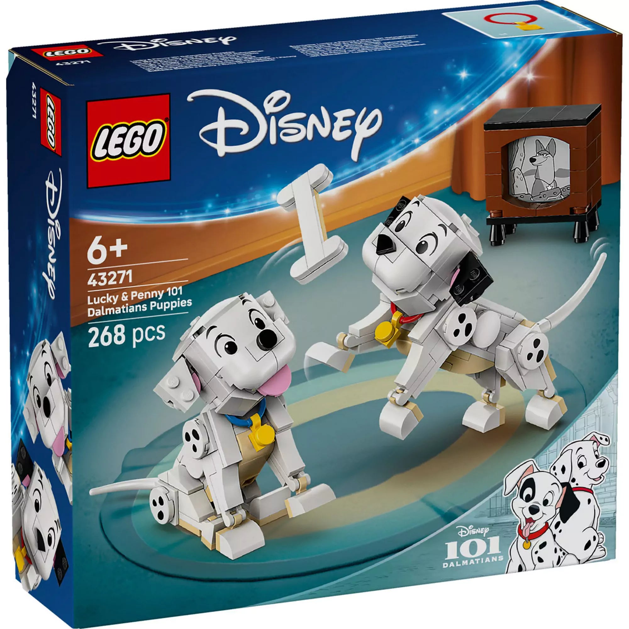 LEGO Disney Lucky és Penny kiskutyák (43271) doboza, amelyen két dalmata kölyökkutya és egy régi televízió látható.