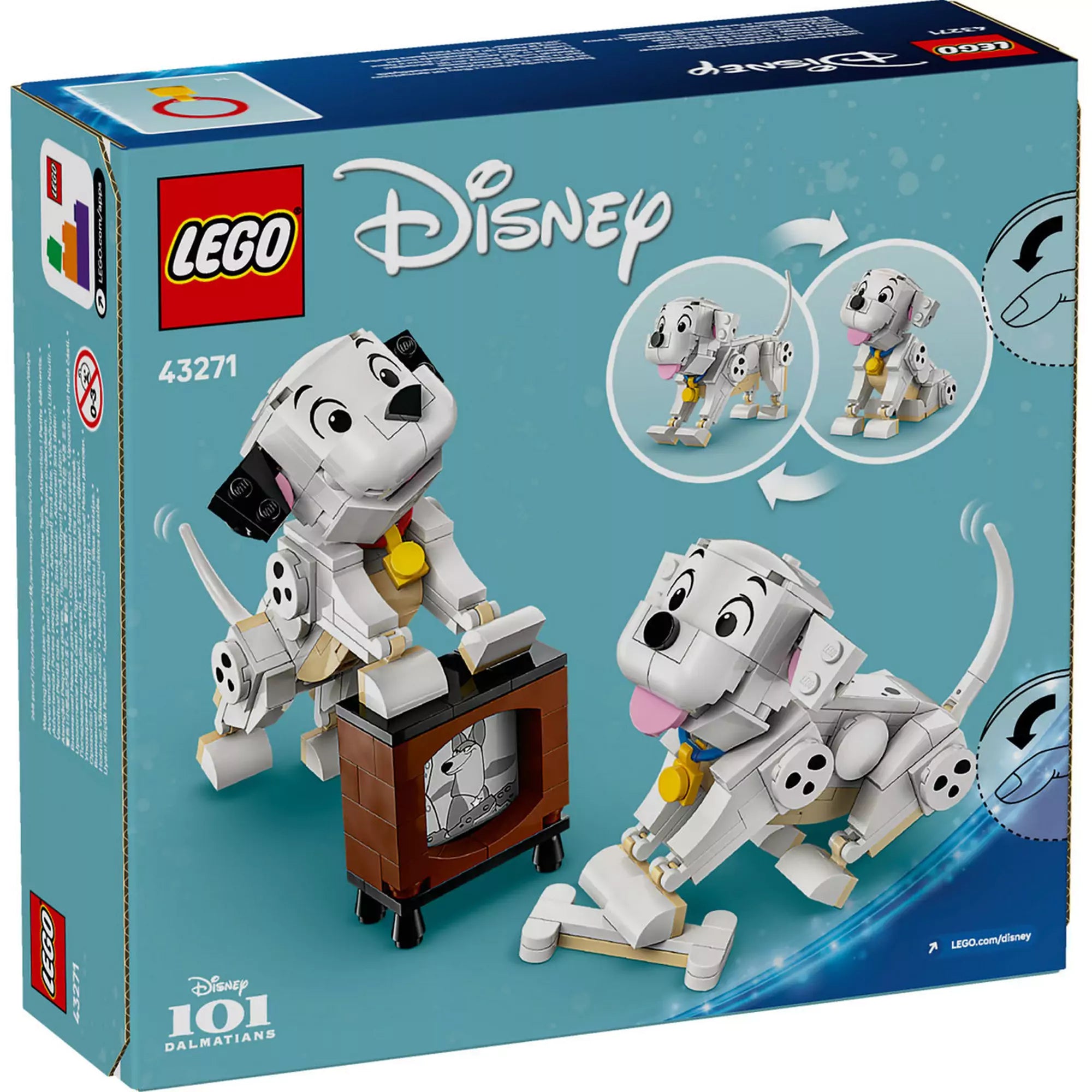 LEGO Disney Lucky és Penny kiskutyák (43271) hátoldali doboznézet, a kutyusok különböző pózokban láthatók a tévével együtt.