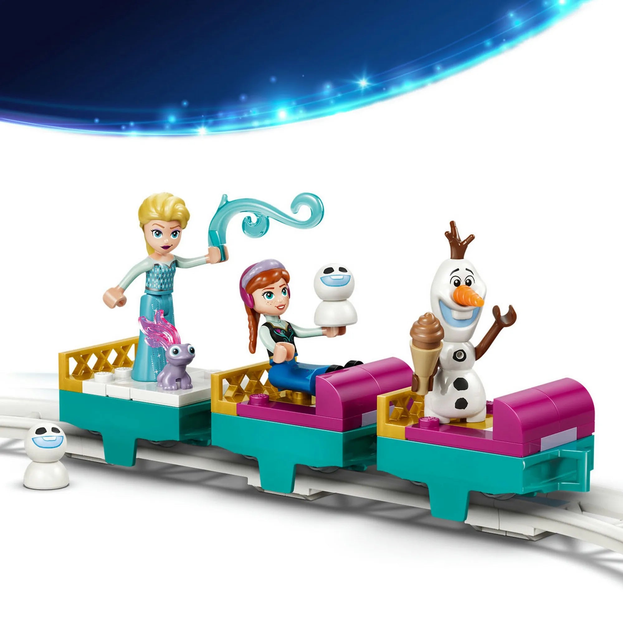 LEGO Disney Jégvarázs szánkópálya három szánnal, Elsa, Anna és Olaf figurákkal, játék közbeni jelenetben