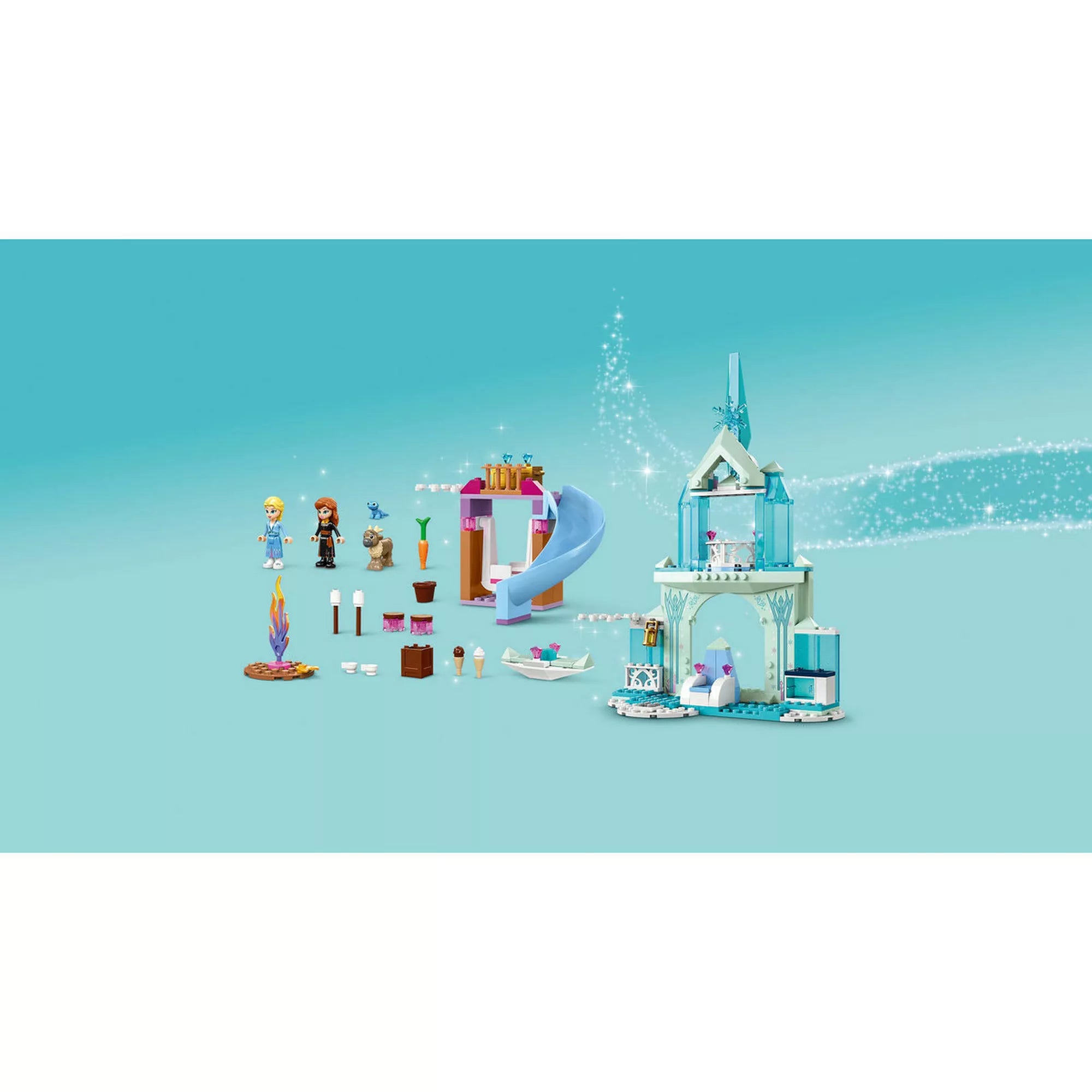 A LEGO Disney 43238 teljes készlete: Elza jégkastélya, csúszda, hinta, tábortűz és minifigurák kiegészítőkkel.