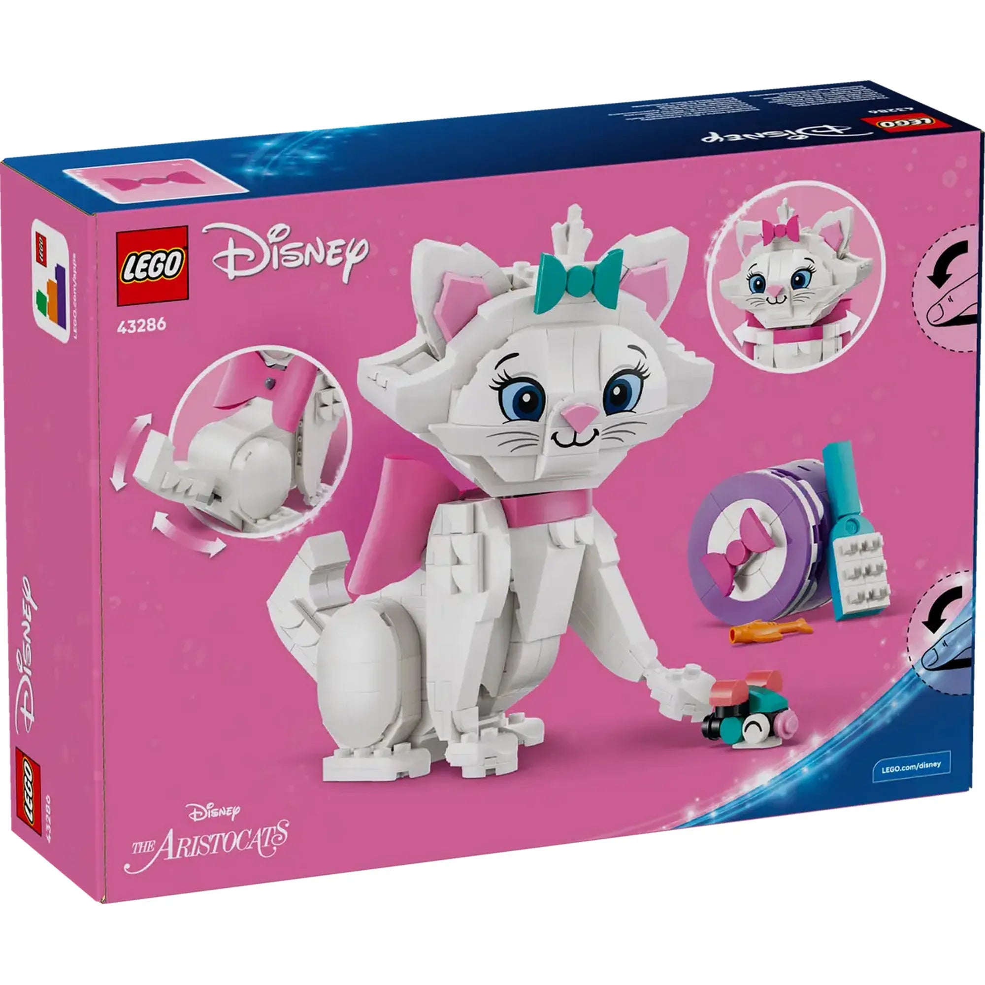 LEGO Disney: Macskarisztokraták Az imádnivaló Marie 43286 – a készlet dobozának hátoldala, Marie cica figurával és kiegészítőkkel