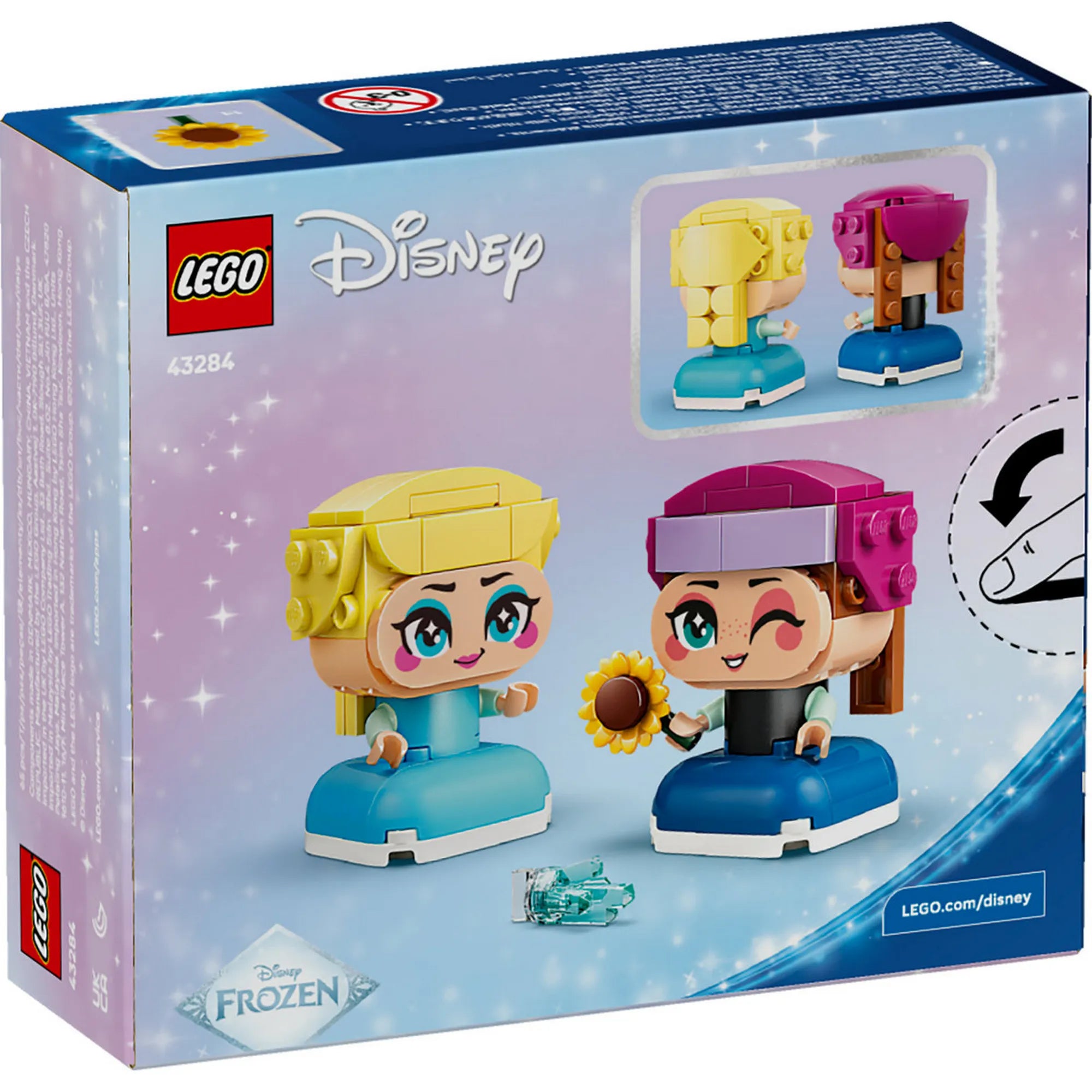 LEGO Disney Mini Anna és Elsa 43284 – A készlet dobozának hátoldala Anna és Elsa figurákkal, Frozen dizájnnal.