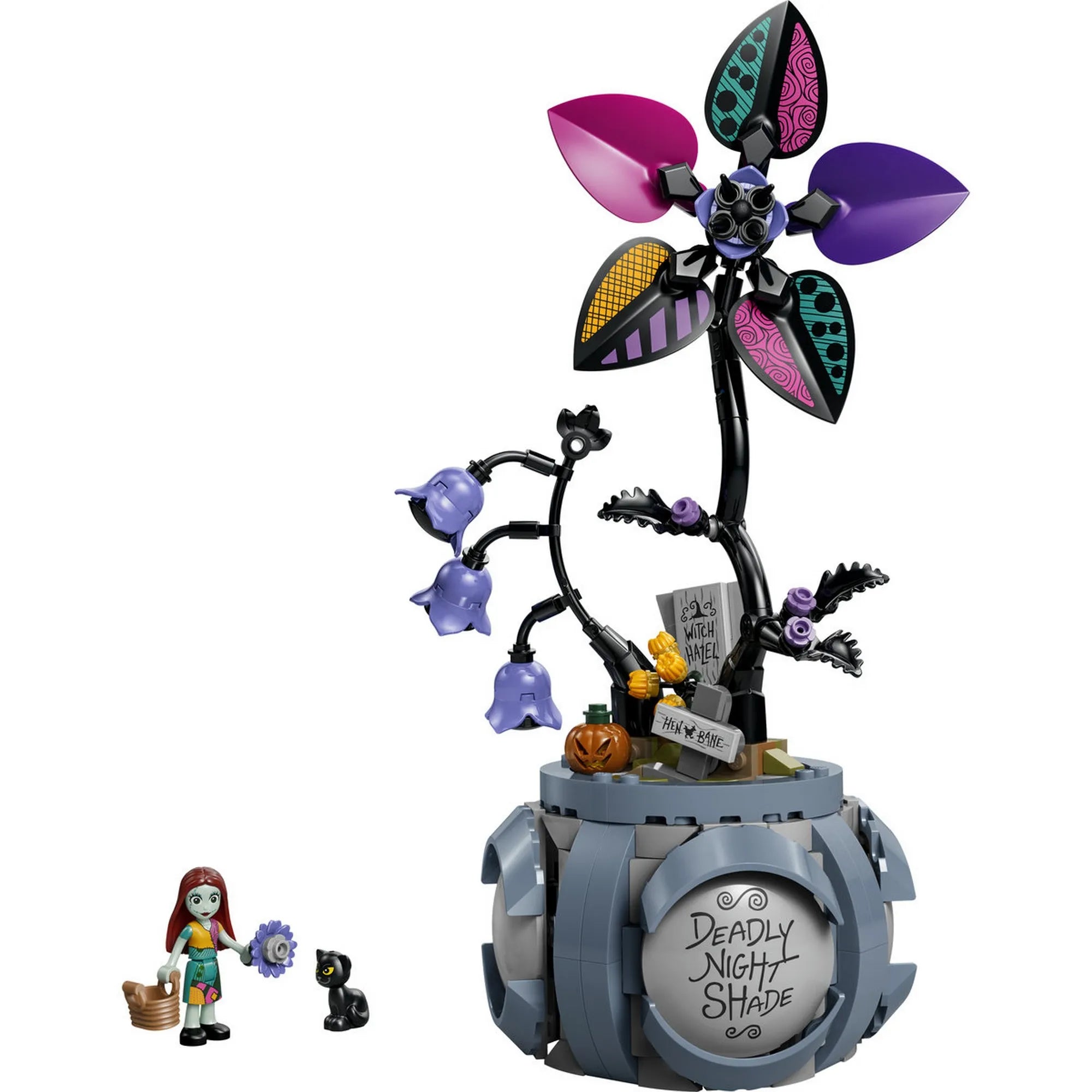 LEGO Disney Sally virágcserepe (43288) készlet megépített modellje színes, gótikus stílusú virággal, díszes cseréppel, Sally minifigurával és fekete macska figurával.