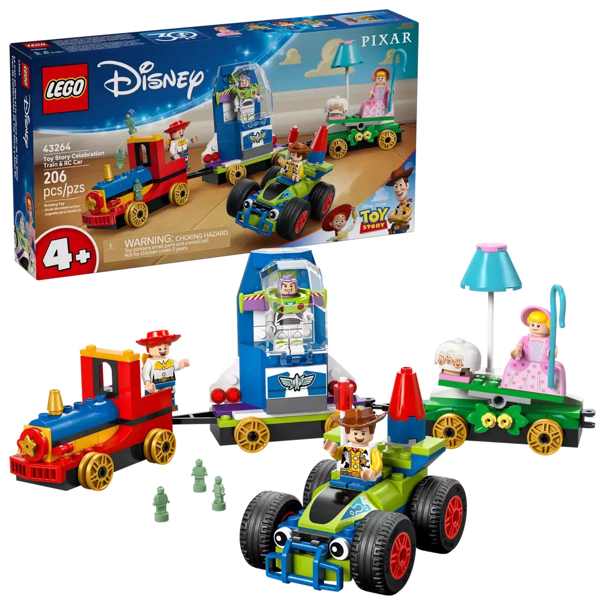 LEGO Disney: Toy Story ünnepi vonat és RC versenyautó 43264 – kreatív játékjelenet a dobozzal és a figurákkal összeállítva.
