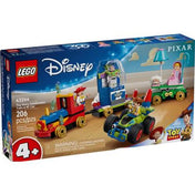 LEGO Disney: Toy Story ünnepi vonat és RC versenyautó 43264 – dobozkép elölről, látható a vonat, az RC autó és a négy minifigura.
