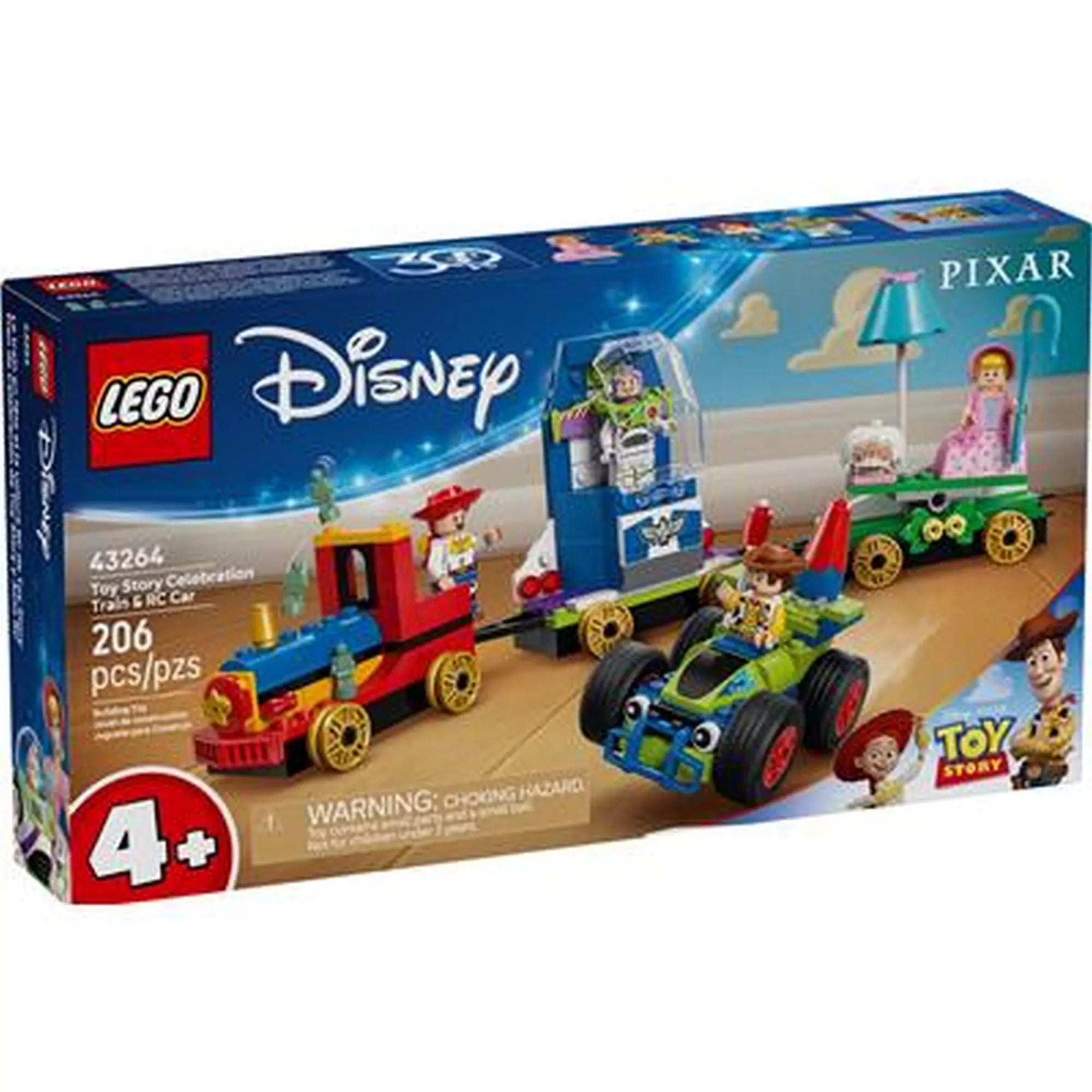 LEGO Disney: Toy Story ünnepi vonat és RC versenyautó 43264 – dobozkép elölről, látható a vonat, az RC autó és a négy minifigura.