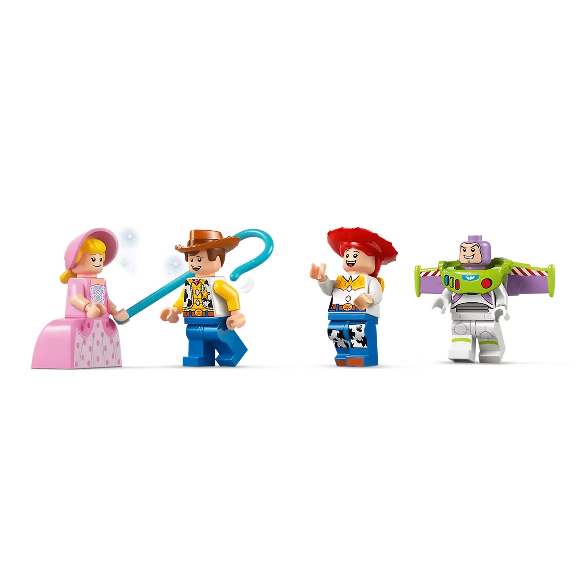 LEGO Disney: Toy Story ünnepi vonat és RC versenyautó 43264 – közelkép a négy ikonikus Toy Story minifiguráról: Bo Peep, Woody, Jessie és Buzz.