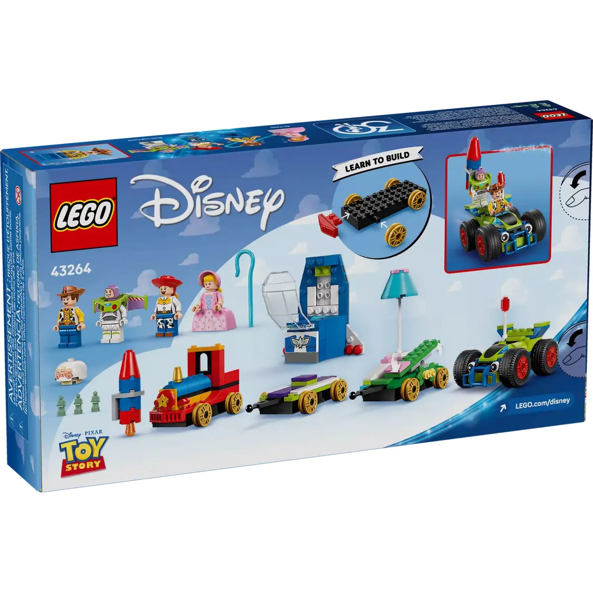 LEGO Disney: Toy Story ünnepi vonat és RC versenyautó 43264 – a doboz hátulja, az összeszerelhető elemek részletes bemutatásával.