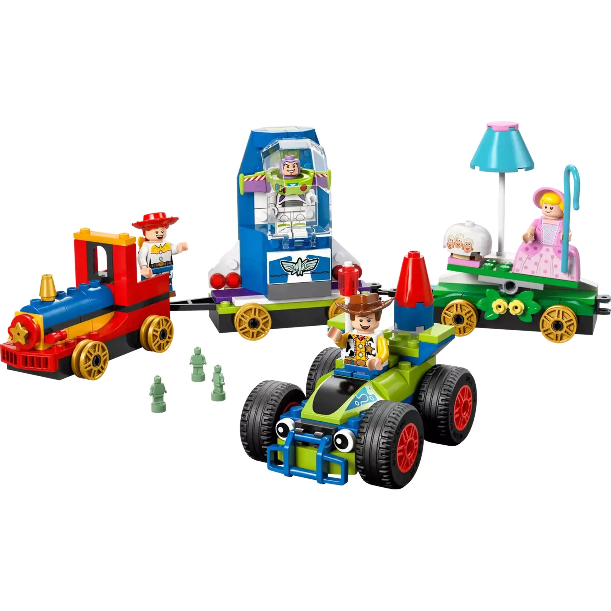 Toy Story ünnepi vonat és RC versenyautó 43264 – a teljes játékkompozíció, karakterekkel és kiegészítőkkel kirakva.