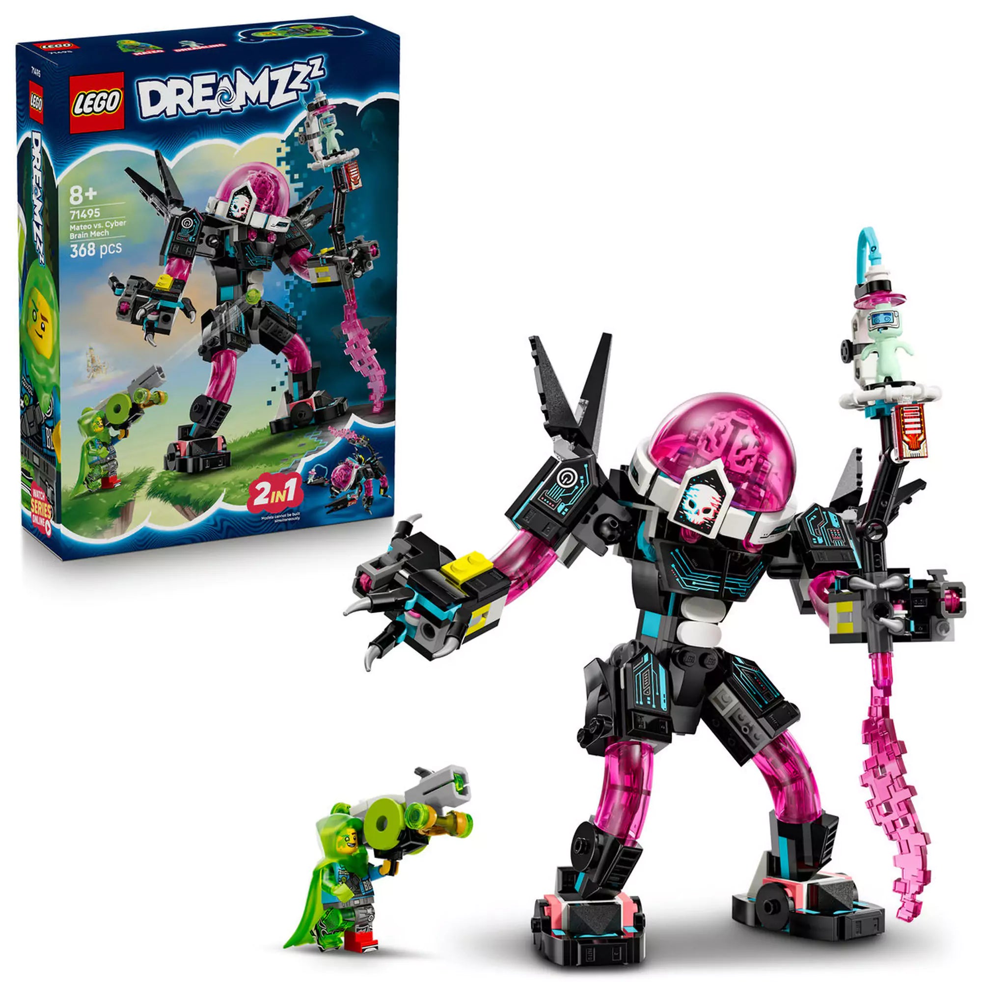 LEGO DREAMZzz: Mateo a kiberagyrobot ellen (71495) doboza és megépített modell Mateo és a robotfigura társaságában.