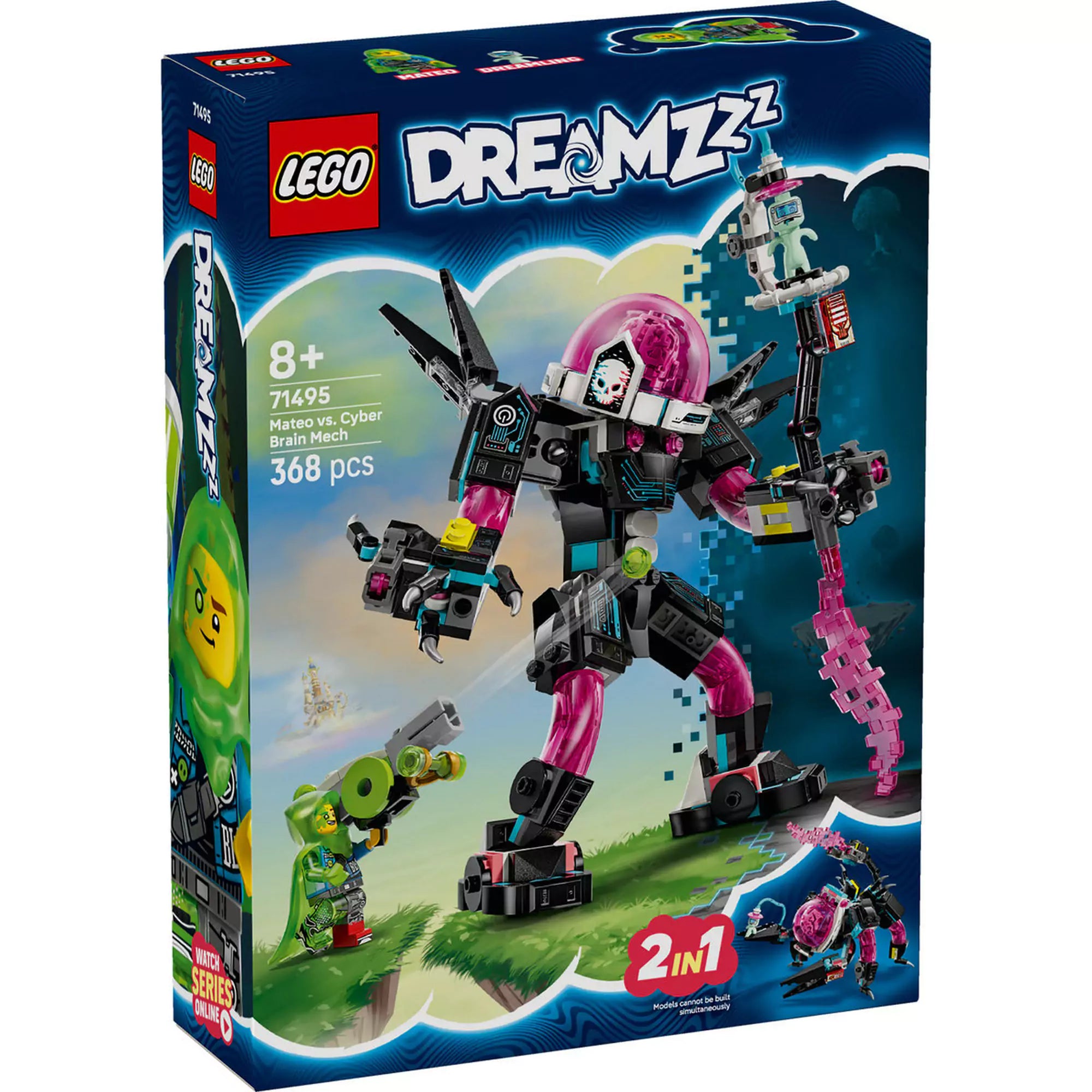 LEGO DREAMZzz: Mateo a kiberagyrobot ellen (71495) doboz, rajta a megépített robot és Mateo figura akció közben.
