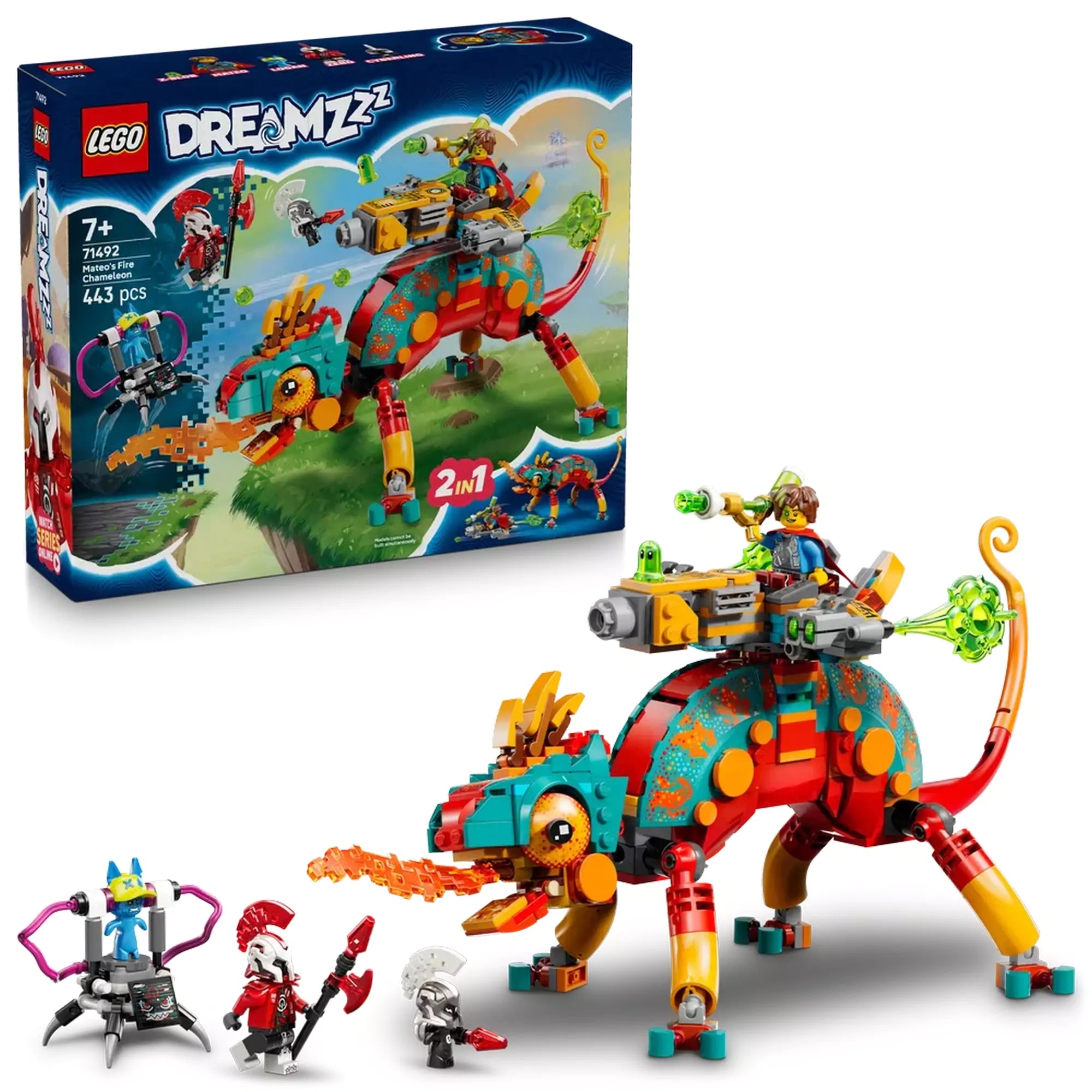 LEGO DREAMZzz: Mateo tűzkaméleonja (71492) doboz és a megépített tűzkaméleon figura Mateo minifigurával a hátán és kiegészítőkkel.