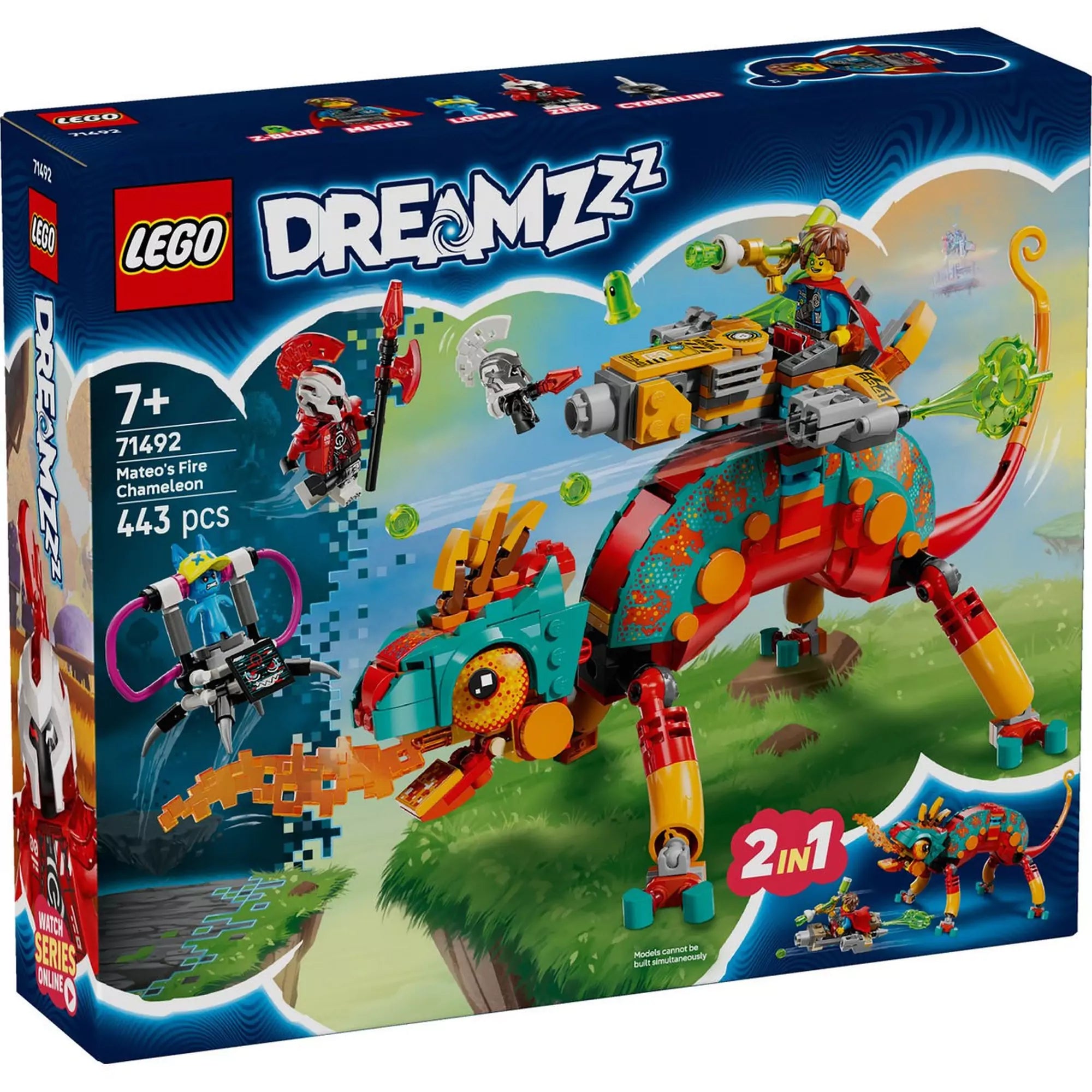 LEGO DREAMZzz: Mateo tűzkaméleonja (71492) készlet – a színes kaméleon tüzet okád, Mateo és ellenfelei akcióban a figurák között.