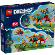 LEGO DREAMZzz: Mateo tűzkaméleonja (71492) hátoldali dobozkép – bemutatja a 2 az 1-ben építési lehetőségeket: kaméleon, repülő és robot.