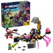 LEGO DREAMZzz Nightmare Scorpion Digger (71513) készlet fehér háttéren, a skorpió ásógéppel, minifigurákkal, pókokkal és a rózsaszín gyémánttojással.