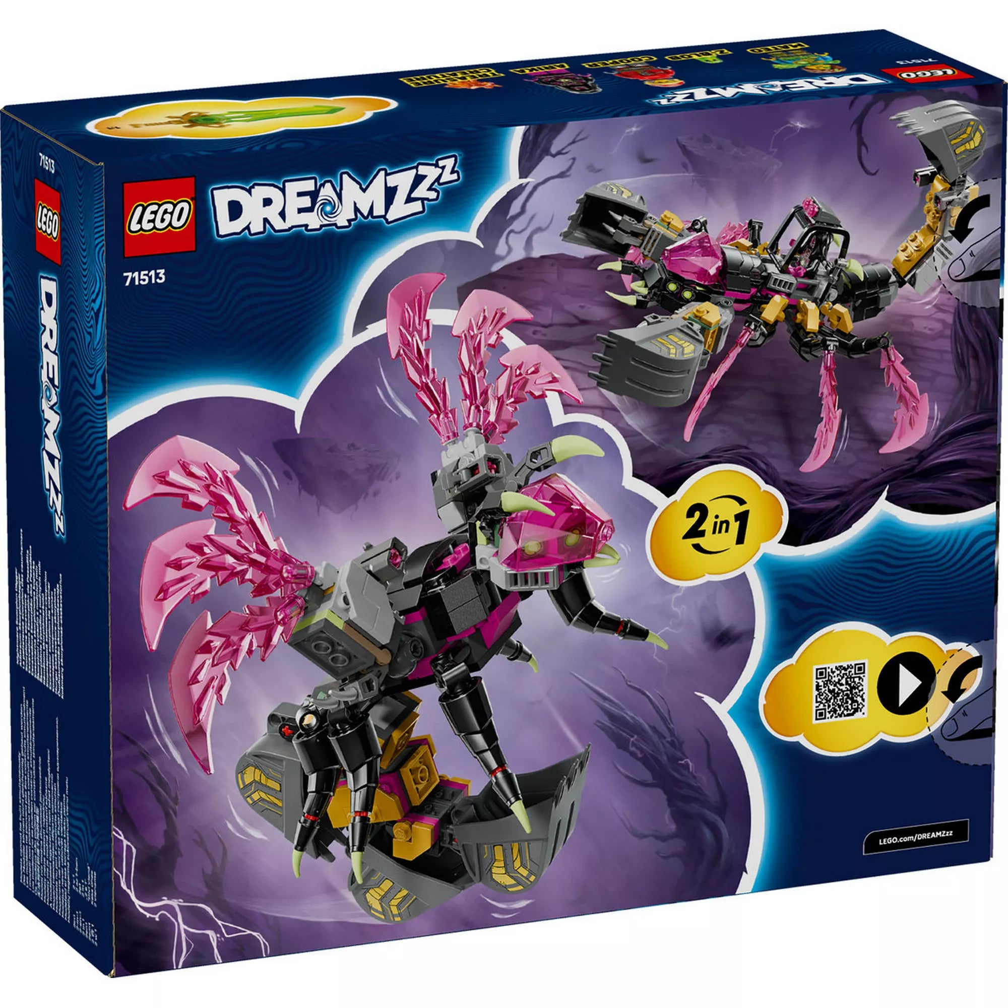 A LEGO DREAMZzz Nightmare Scorpion Digger dobozának hátoldala, amely bemutatja a skorpió ásógép és a biomechanikus lény alternatív építési módját.
