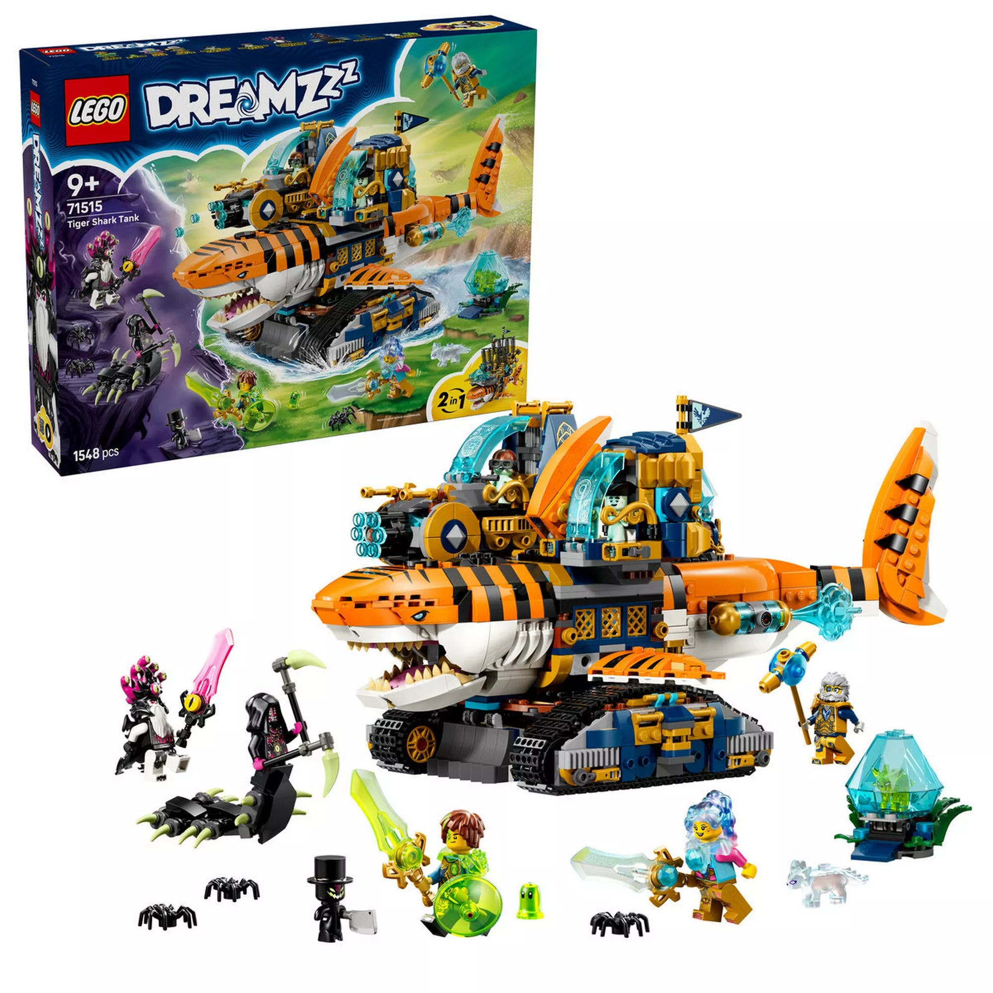 LEGO DREAMZzz Tigriscápatank (71515) készlet fehér háttéren, a cápatankkal, minifigurákkal, kincslényekkel és kiegészítő elemekkel.