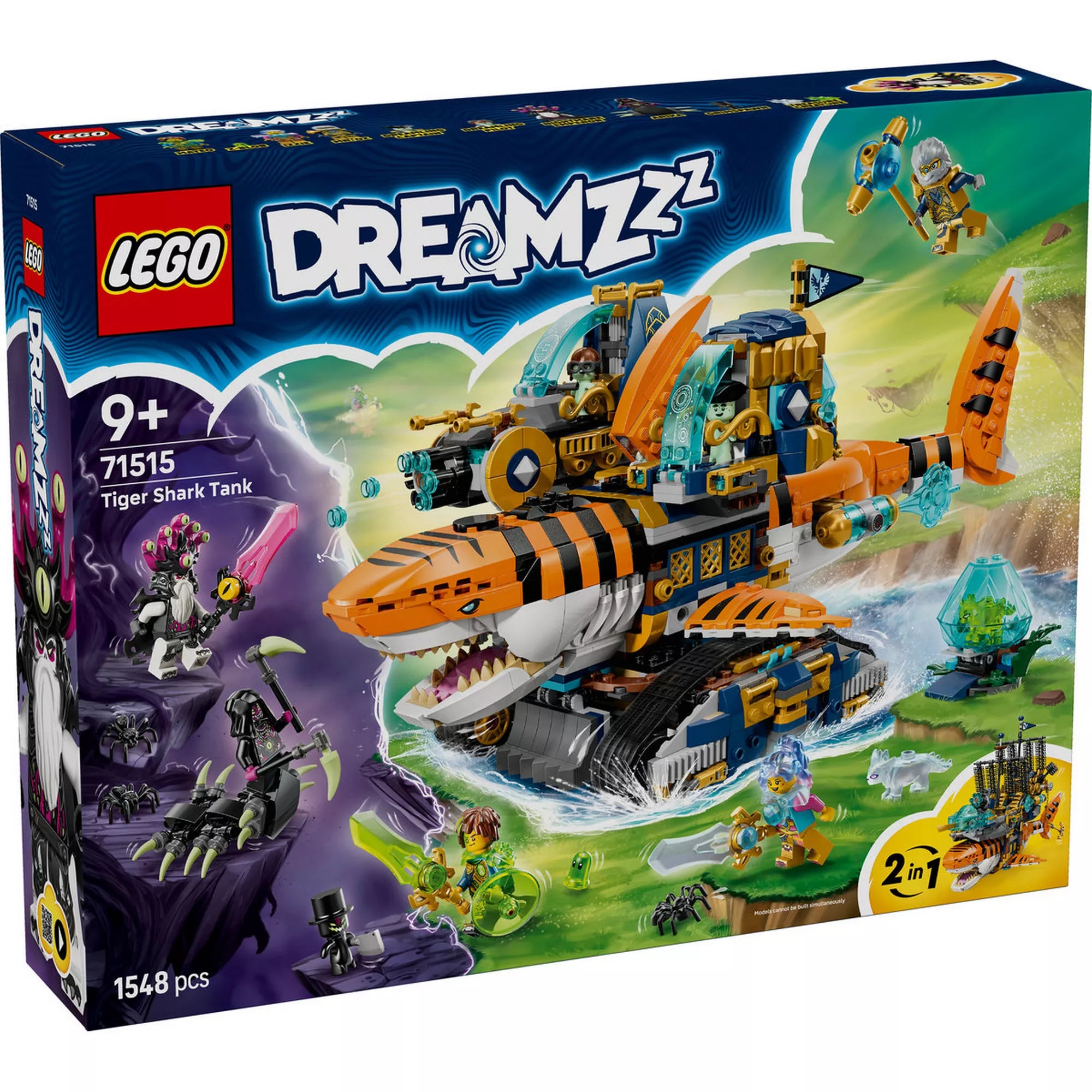 LEGO DREAMZzz Tigriscápatank (71515) készlet doboza, a lánctalpas tigriscápa tankkal, minifigurákkal és 2 az 1-ben építési lehetőséggel.