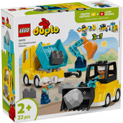 LEGO DUPLO Városom Építőipari járművek 3 az 1-ben (10475) készlet doboza, billenőplatós teherautóval, rakodógéppel, kotrógéppel és két építőmunkás figurával, 2 éves kortól.