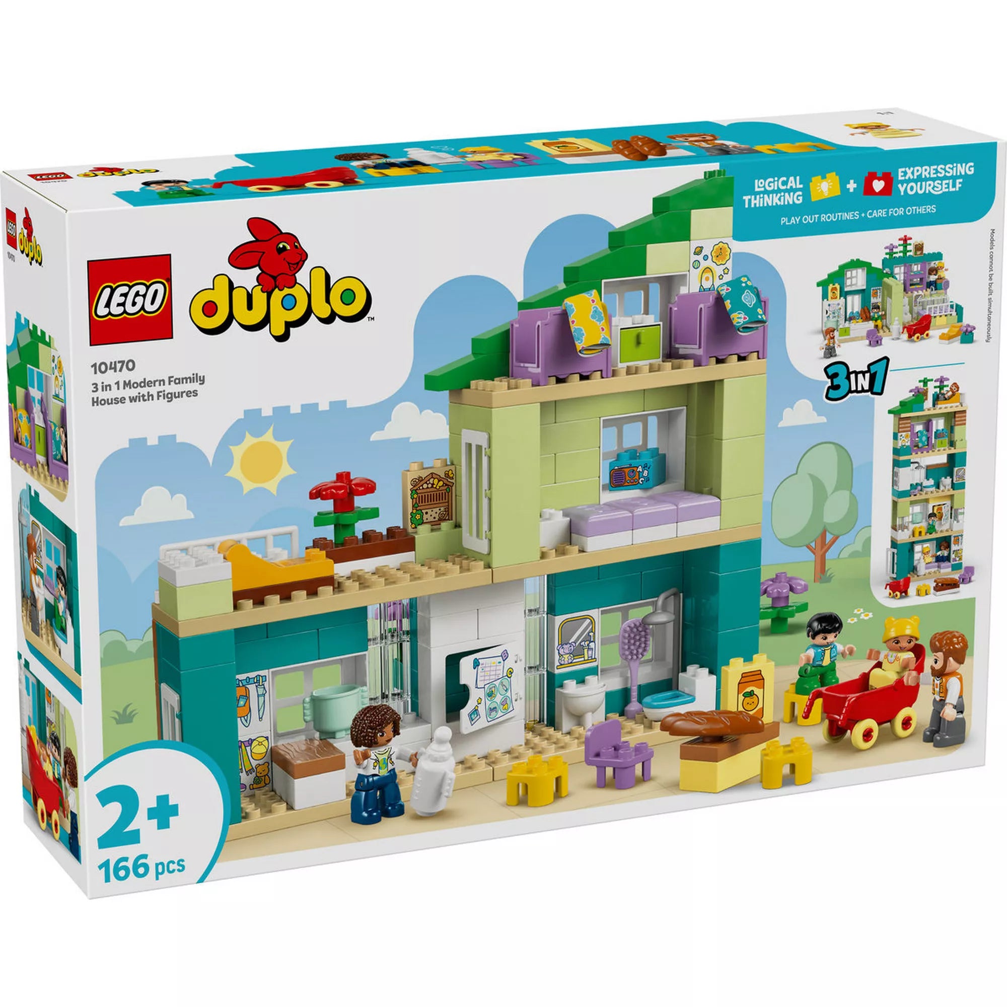 LEGO® DUPLO® Modern családi ház 3 az 1-ben figurákkal (10470) készlet dobozának eleje, színes babaház modellel, családi figurákkal és 3 az 1-ben építési lehetőséggel