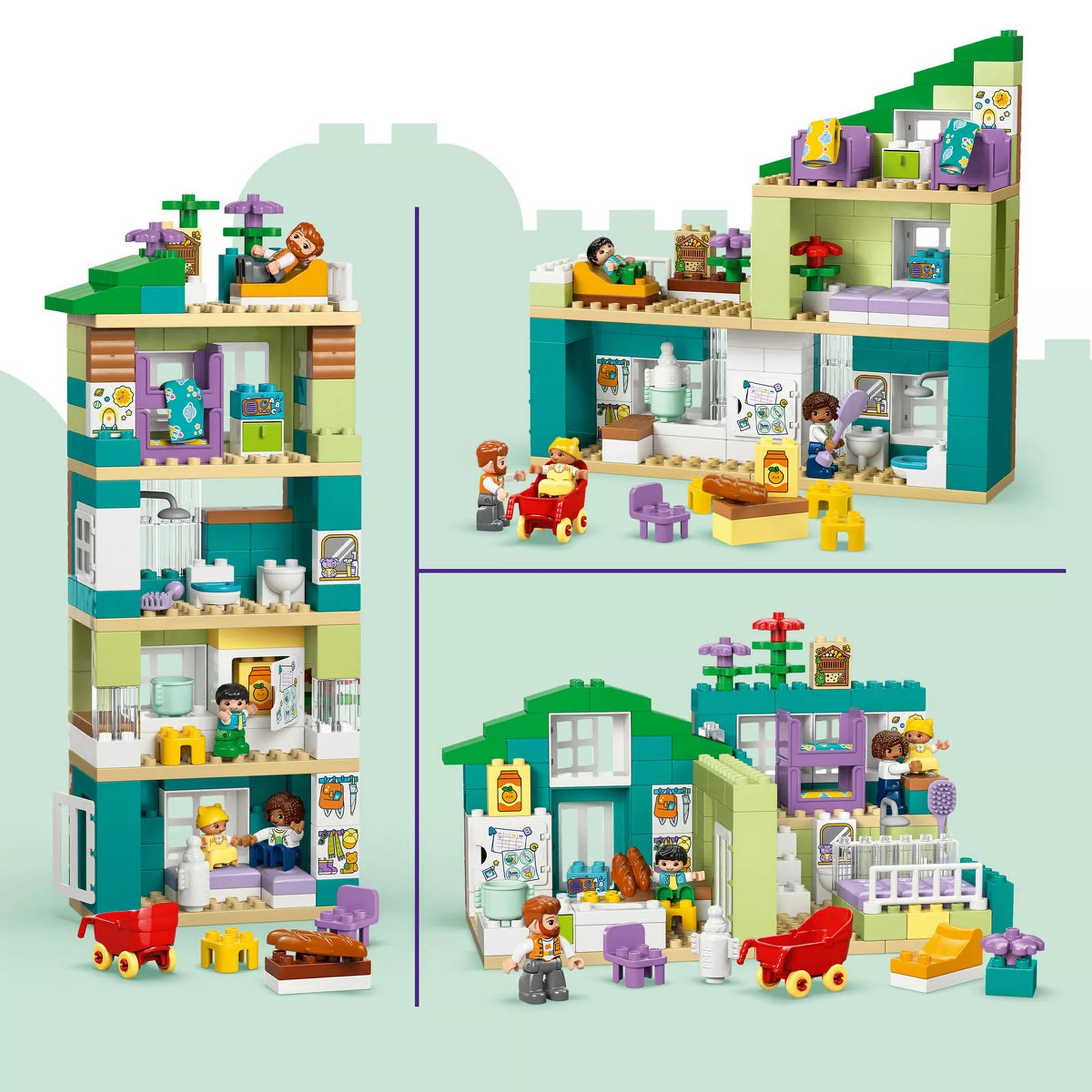 LEGO® DUPLO® Modern családi ház 3 az 1-ben építési lehetőségei, különböző méretű és elrendezésű babaház modellek figurákkal és kiegészítőkkel