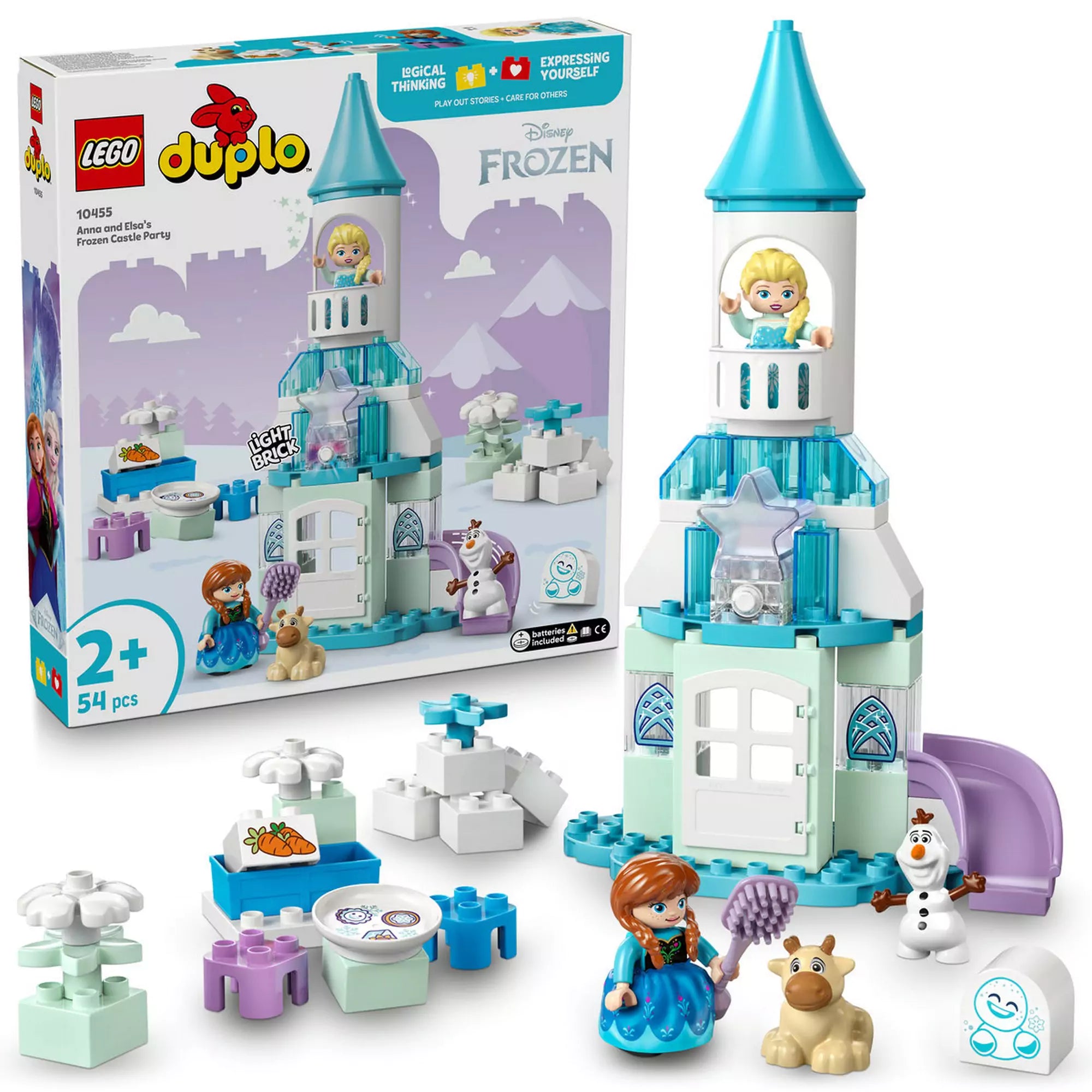 LEGO Duplo: Anna és Elza jégkastély partija (10455) doboz és kastélymodell együtt, a karakterekkel és interaktív játékelemekkel.