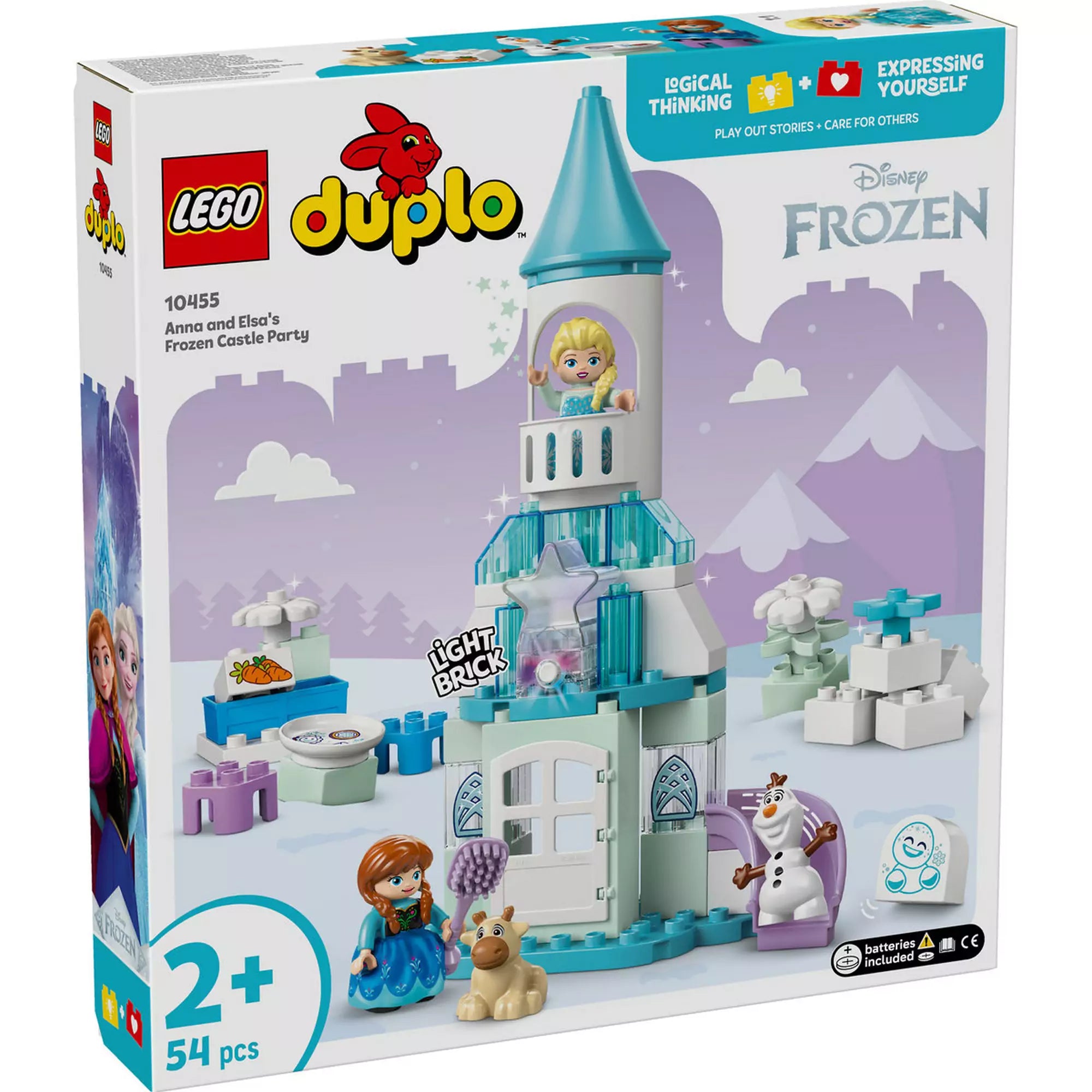 LEGO Duplo: Anna és Elza jégkastély partija (10455) doboz előlapja, rajta a kastély, Anna, Elza, Olaf, Sven és kiegészítők.