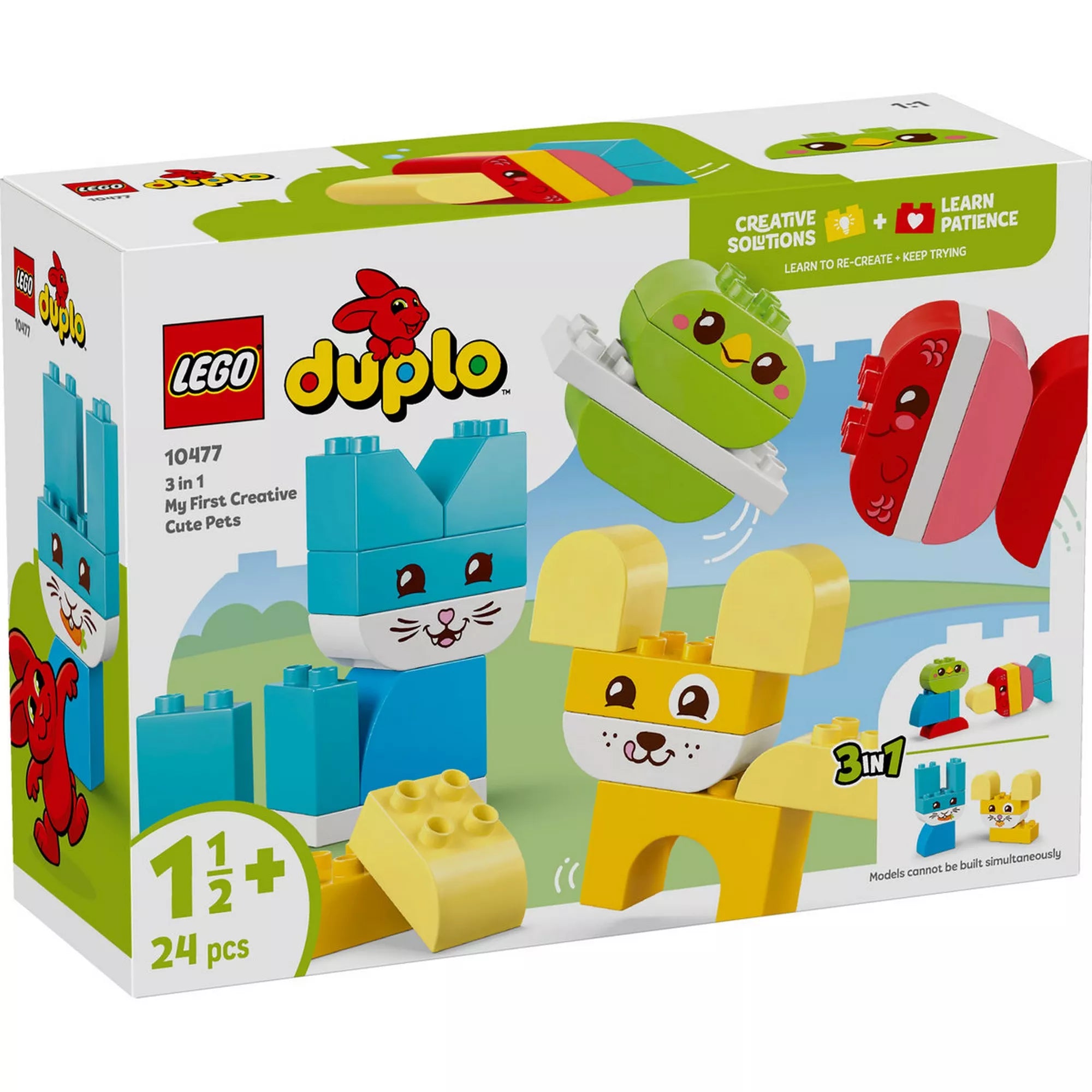LEGO DUPLO Első kreatív háziállataim 3 az 1-ben (10477) készlet dobozának eleje, megépíthető kutya, macska, madár és hal állatfigurákkal, 1,5 éves kortól.