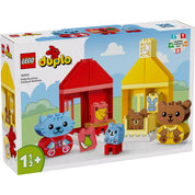 LEGO Duplo Napi rutin: vacsora és alvás doboz elölnézet – A LEGO Duplo 10414 készlet doboza, rajta piros és sárga házikók, állatfigurák és ételmotívumok, 1,5 éves kortól ajánlva.
