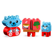 LEGO Duplo kék cica étkező jelenettel – A LEGO 10414 cicás figurája leveses és brokkolis építőkockákkal, mellette egy kis cica morcos arccal.