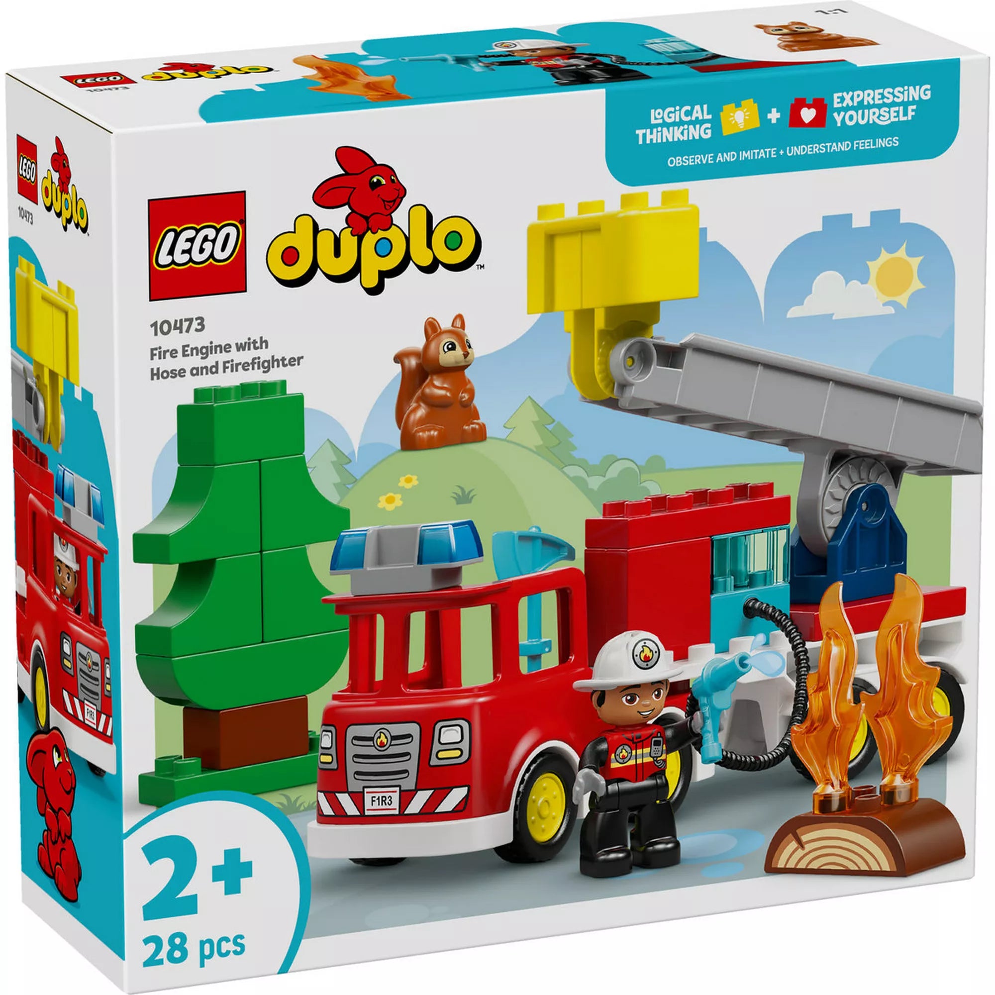 LEGO DUPLO 10473 Tűzoltóautó tömlővel és tűzoltóval készlet dobozképe, piros tűzoltóautóval, kihúzható létrával, tűzoltó figurával, lángoló fahasábbal és mókus figurával, 2 éves kortól.