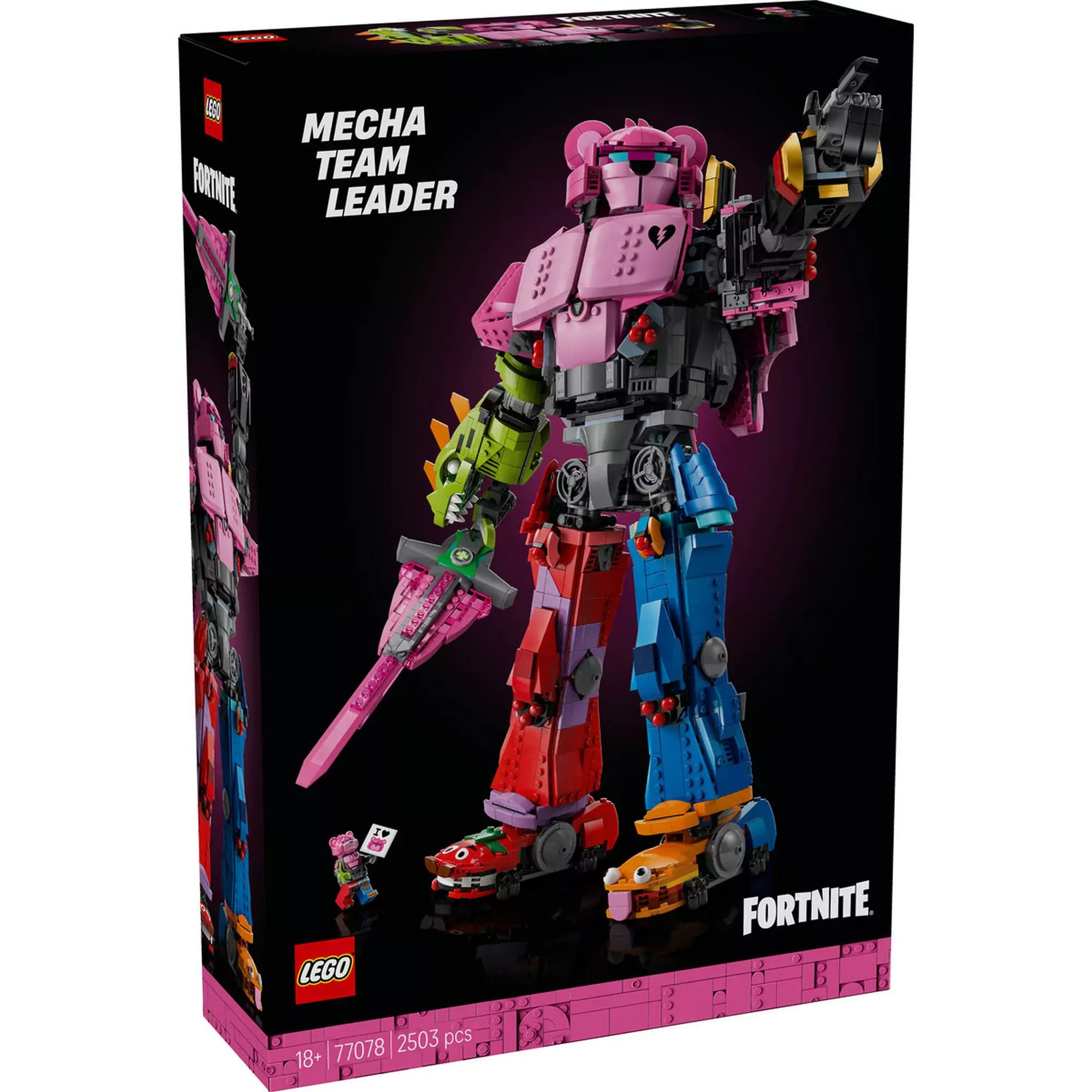 LEGO Fortnite Mecha Team Leader (77078) doboz, a színes robotkonstrukció és a minifigura látható a fekete háttér előtt.