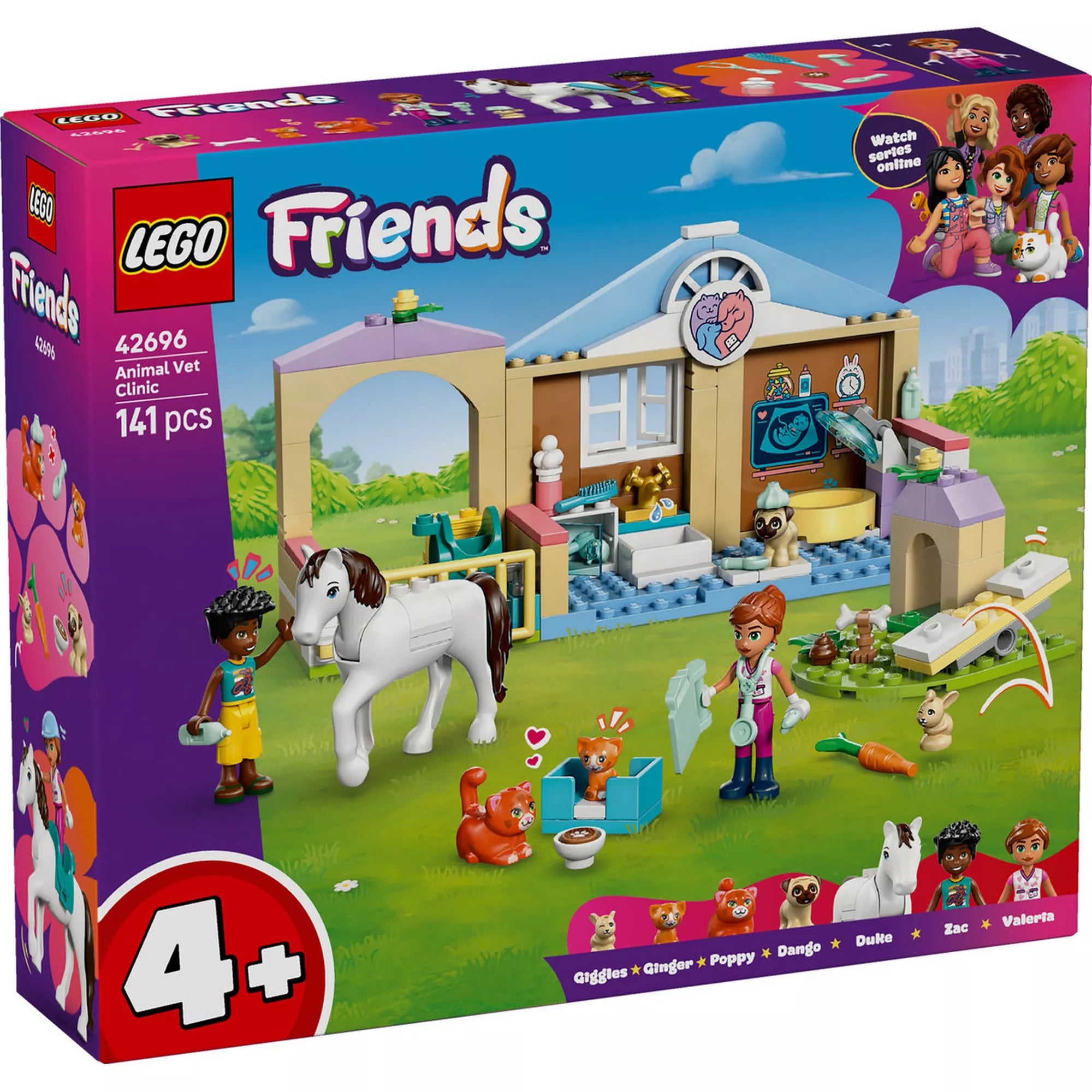 LEGO Friends Állatorvosi klinika (42696) játékkészlet doboza elölnézetből, állatorvosi épülettel, lóval, figurákkal és kisállatokkal