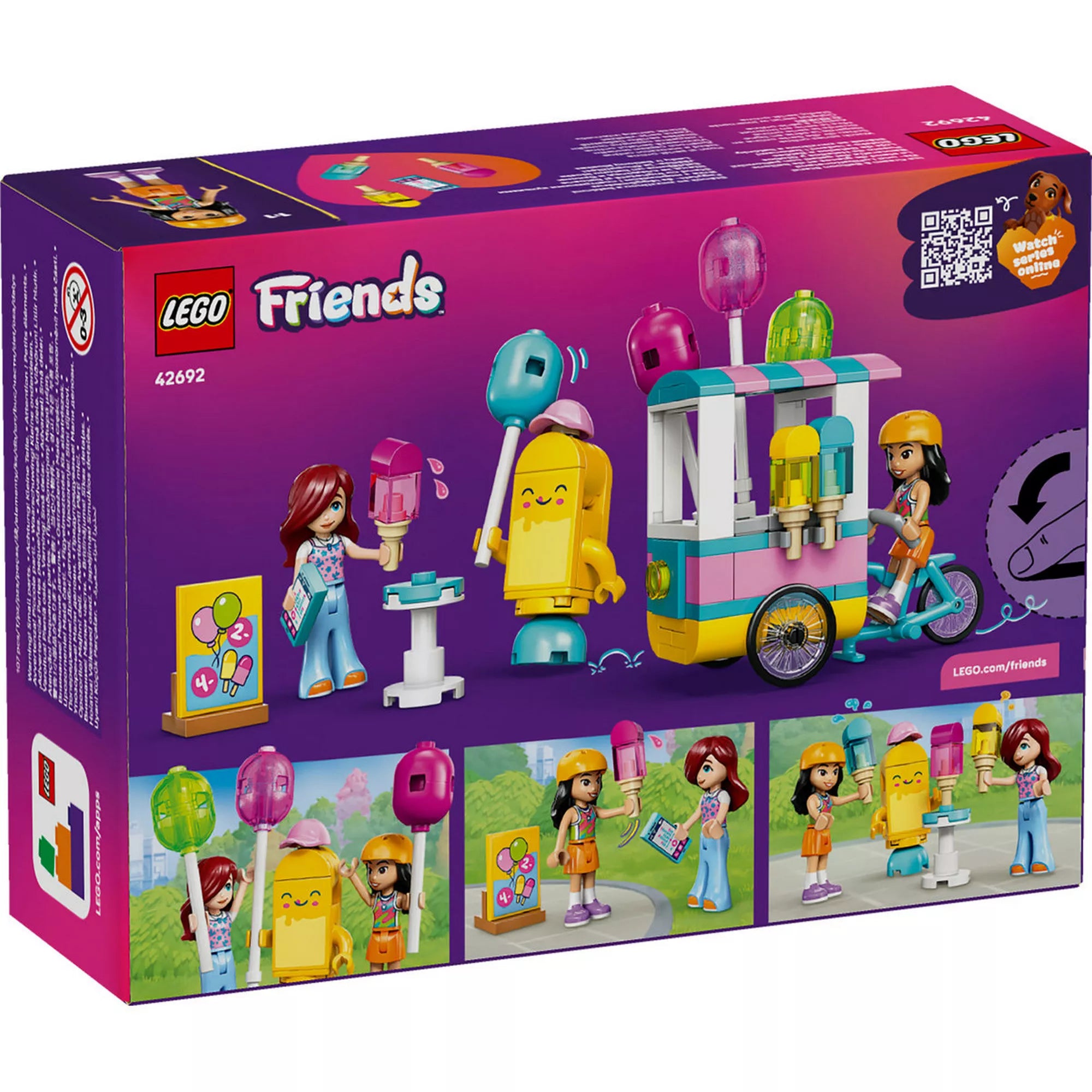 LEGO Friends Stand fagylalttal és lufikkal (42692) doboz hátoldala, a játéklehetőségek bemutatásával, fagylaltos standdal, lufikkal, kiegészítőkkel és szerepjáték jelenetekkel.