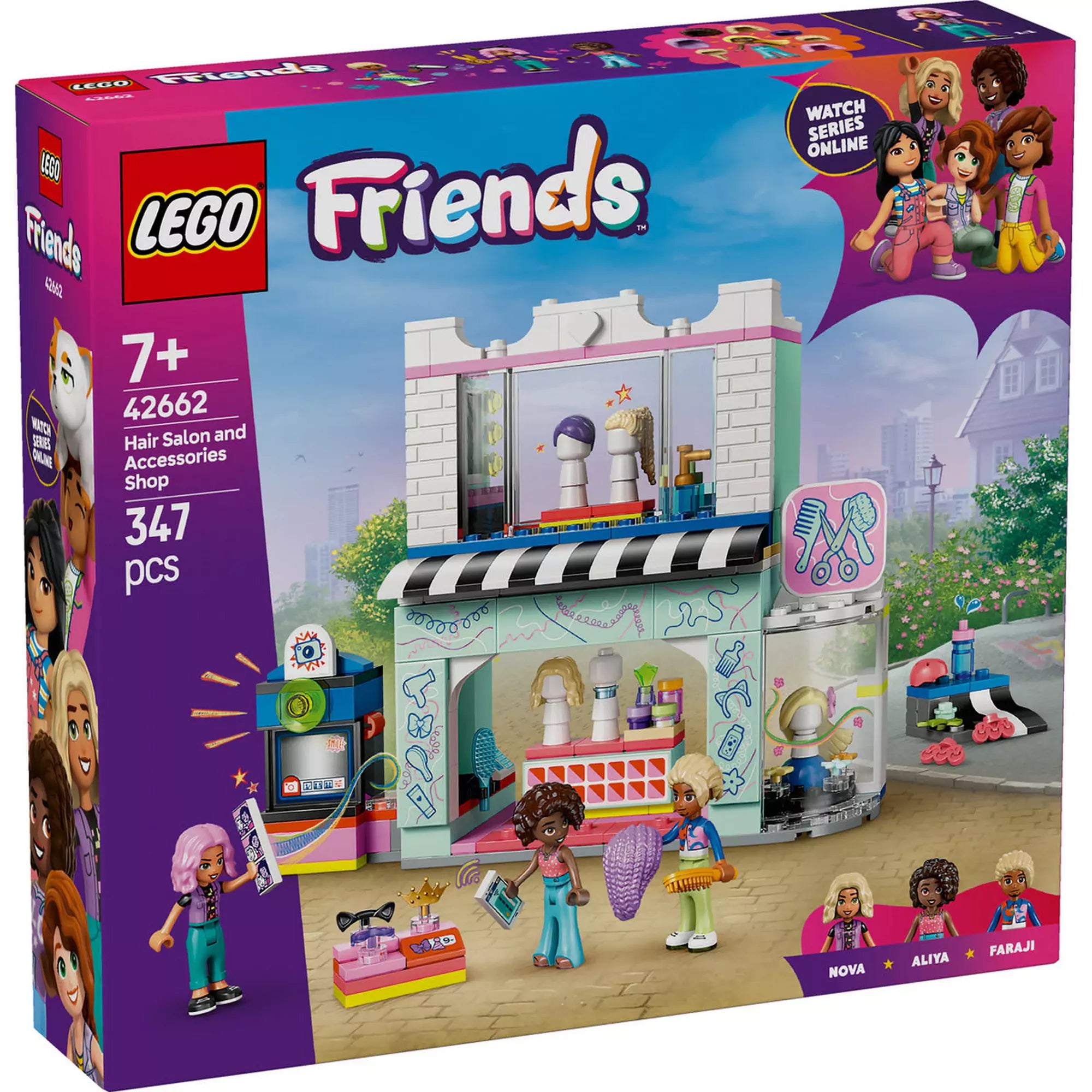 LEGO Friends Fodrászat és fodrászkellékek boltja 42662 csomagolás, amely bemutatja a fodrászüzlet színes, kreatív világát.