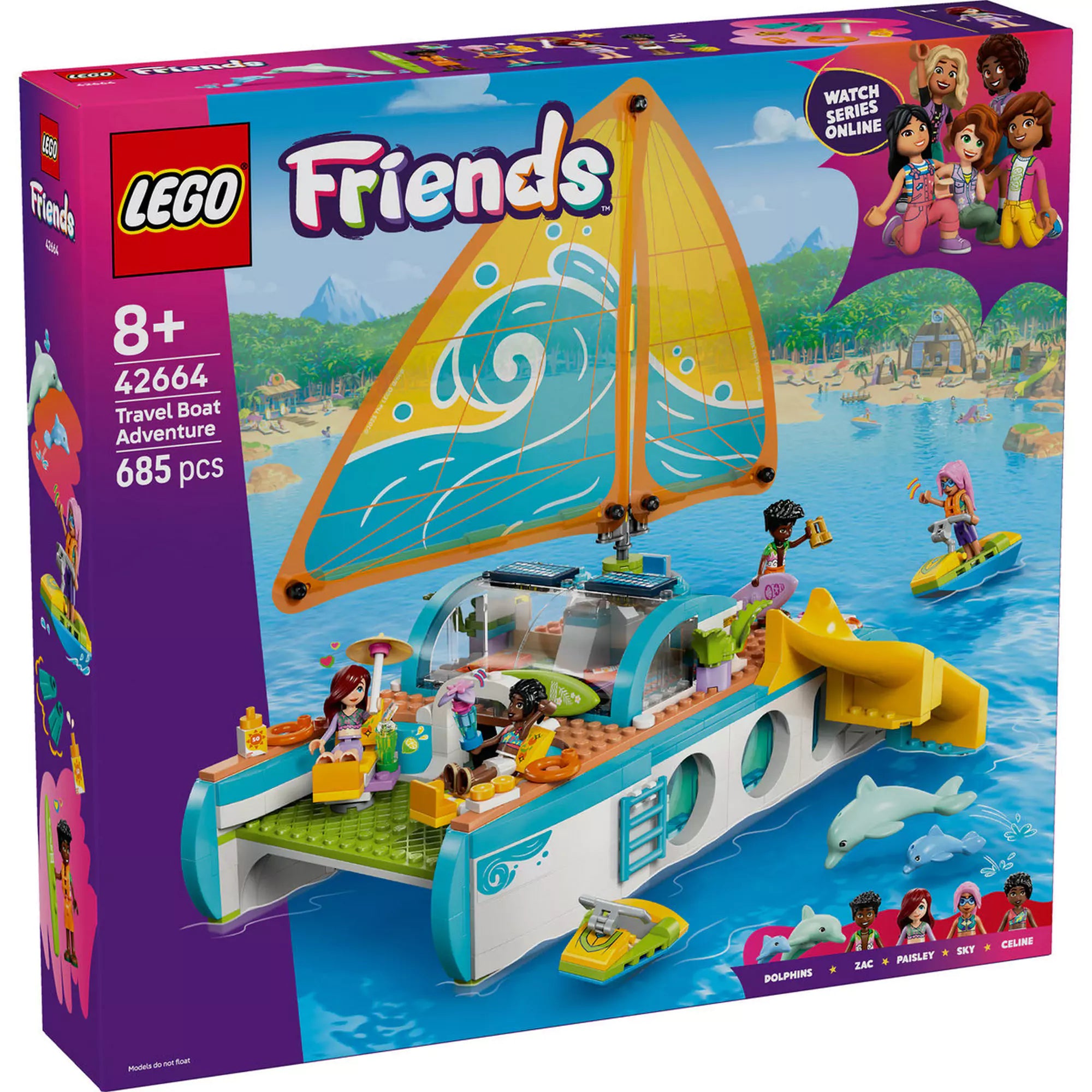 LEGO Friends: Hajós kirándulás és kaland (42664) dobozkép elölről, a hajón barátok napoznak, játszanak, és két delfin is feltűnik a vízben.