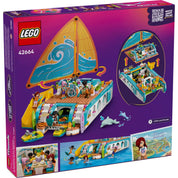 LEGO Friends: Hajós kirándulás és kaland (42664) doboz hátoldali nézete, nyitható fedélzettel és hajóbelső jelenetekkel.