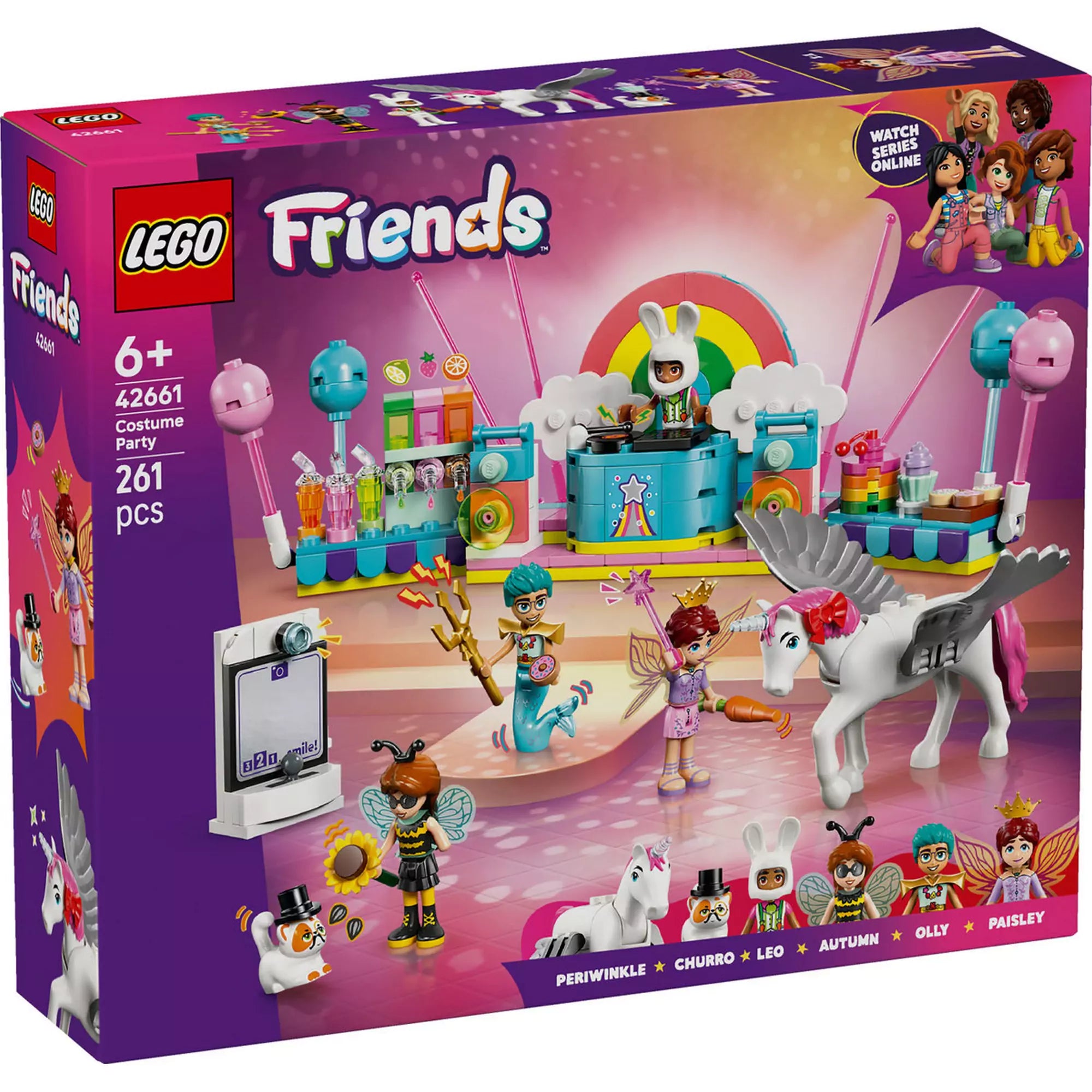 LEGO Friends Jelmezes buli egyszarvúval és tündérrel (42661) doboz előlap, színes színpaddal, figurákkal és egyszarvúval.