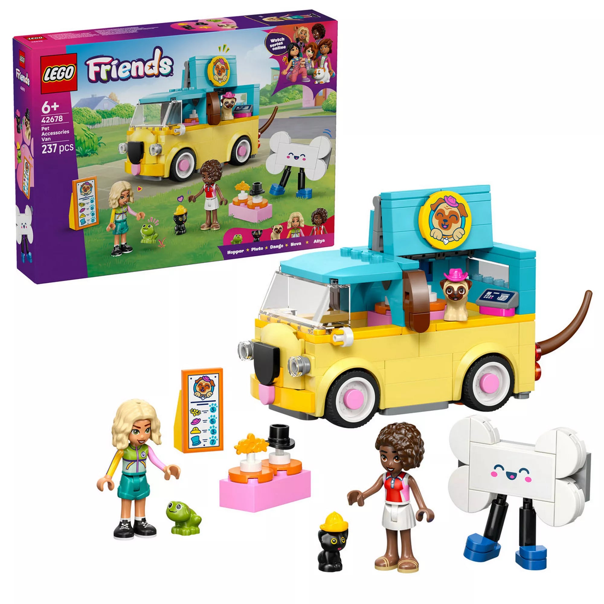 LEGO Friends Kisteherautó kisállatfelszerelésekkel (42678) teljes készlet: furgon, figurák, állatok, kiegészítők és a doboz együtt