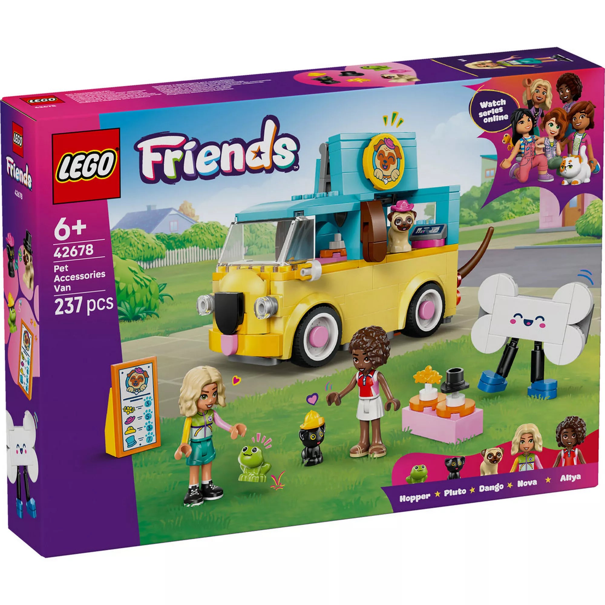 LEGO Friends Kisteherautó kisállatfelszerelésekkel (42678) játékkészlet doboza elölnézetből, mopsz formájú furgonnal, figurákkal és állatfigurákkal