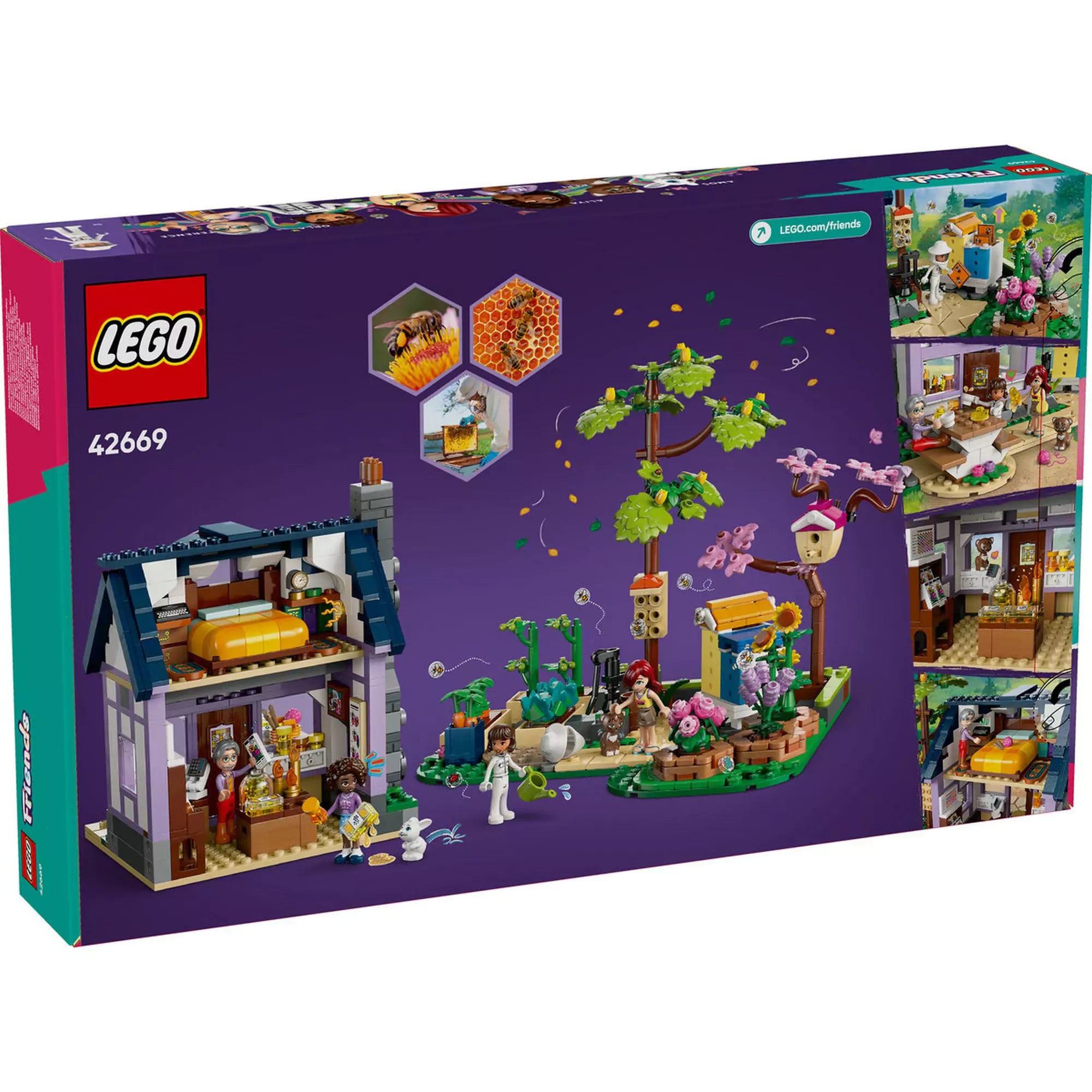 LEGO Friends Méhészek háza és virágoskert 42669 hátoldala, részletesen bemutatva a belső tereket és a kerti elemeket.