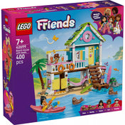 LEGO Friends Fókás tengerparti ház (42699) építőkészlet elölnézeti dobozképe, nyaralós jelenettel, fókákkal, vízi járművekkel és 400 elemes tartalommal