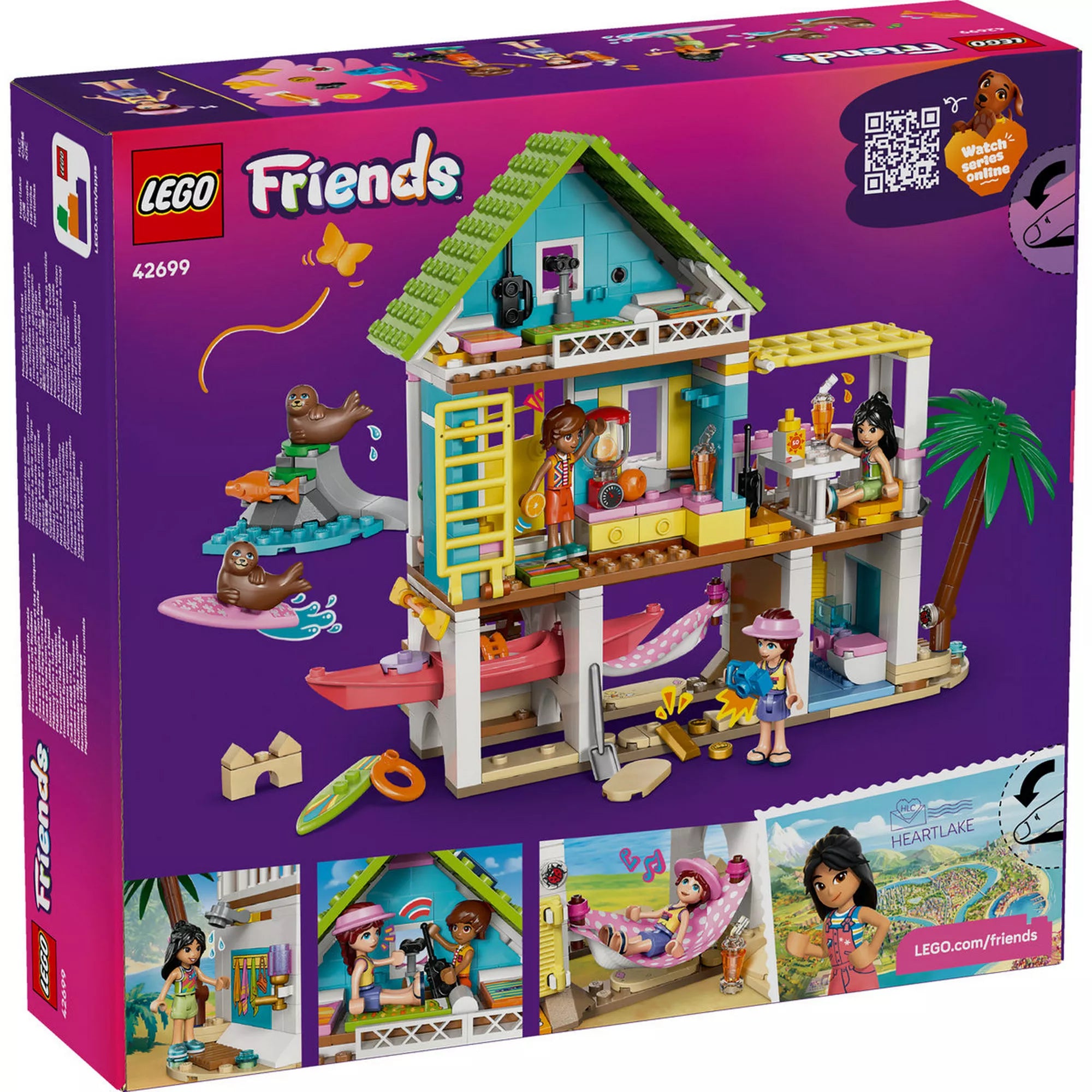 LEGO Friends Fókás tengerparti ház (42699) doboz hátoldala, a ház belső tereivel, smoothie készítő konyhával, hálórésszel, függőággyal és kiegészítőkkel